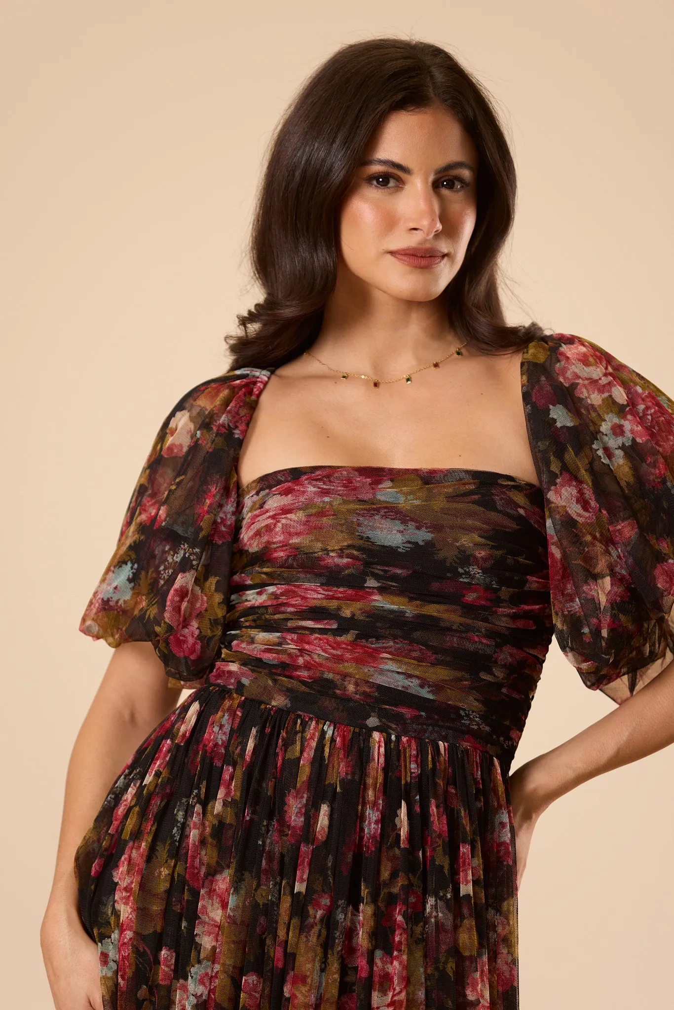 Lana Puff Sleeve Tulle Maxi Dress in Black Floral sold by Lace & Beads product image thumbnail 3