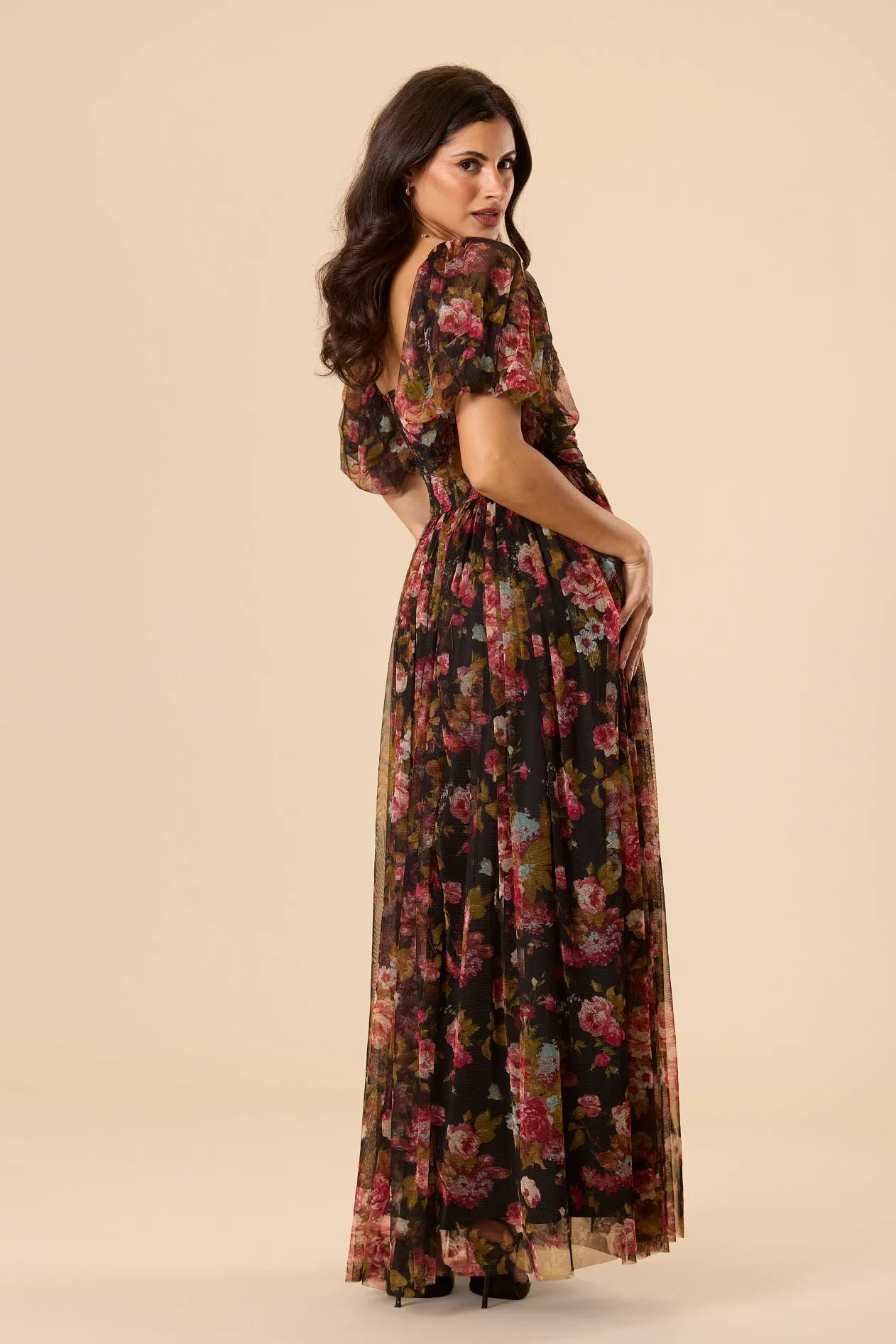 Lana Puff Sleeve Tulle Maxi Dress in Black Floral sold by Lace & Beads product image thumbnail 2
