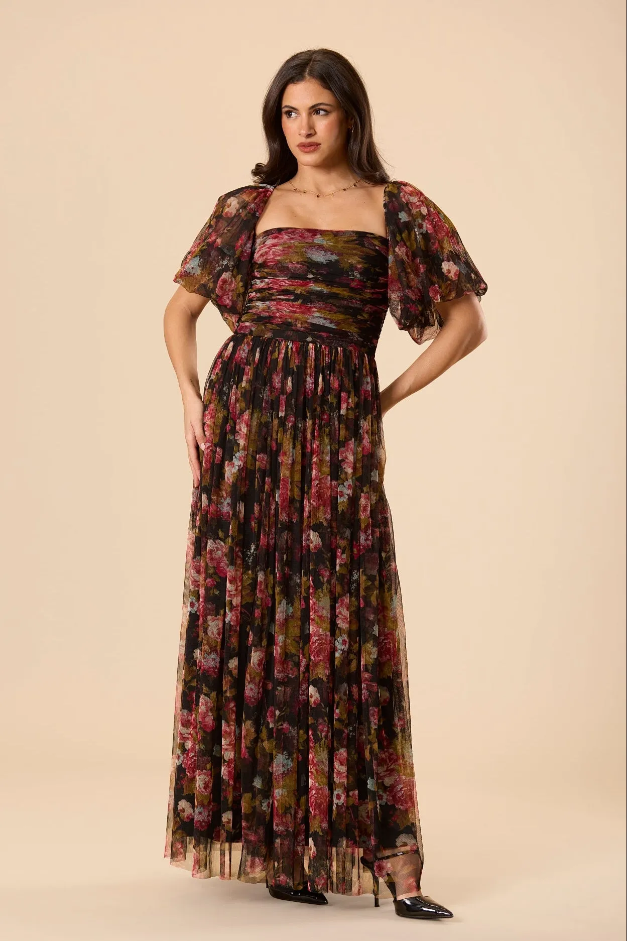 Lana Puff Sleeve Tulle Maxi Dress in Black Floral sold by Lace & Beads product image thumbnail 4