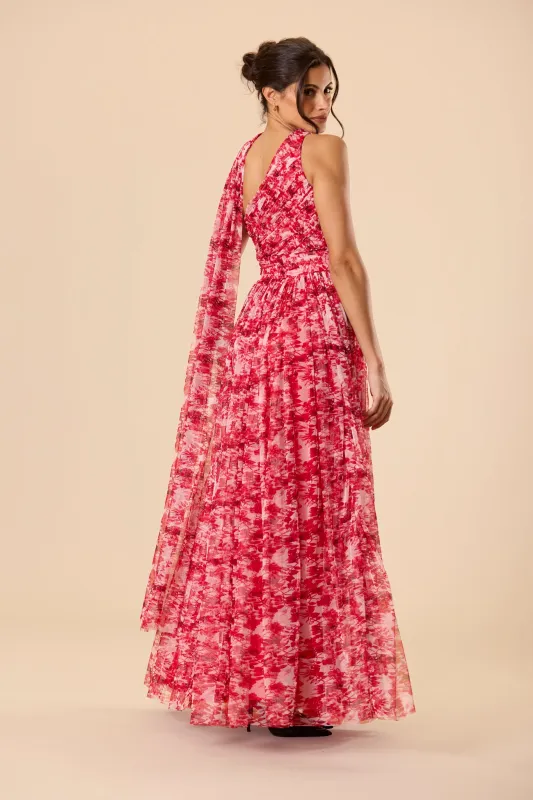 One Shoulder Tulle Maxi Dress in Red Floral with Scarf made by Lace & Beads