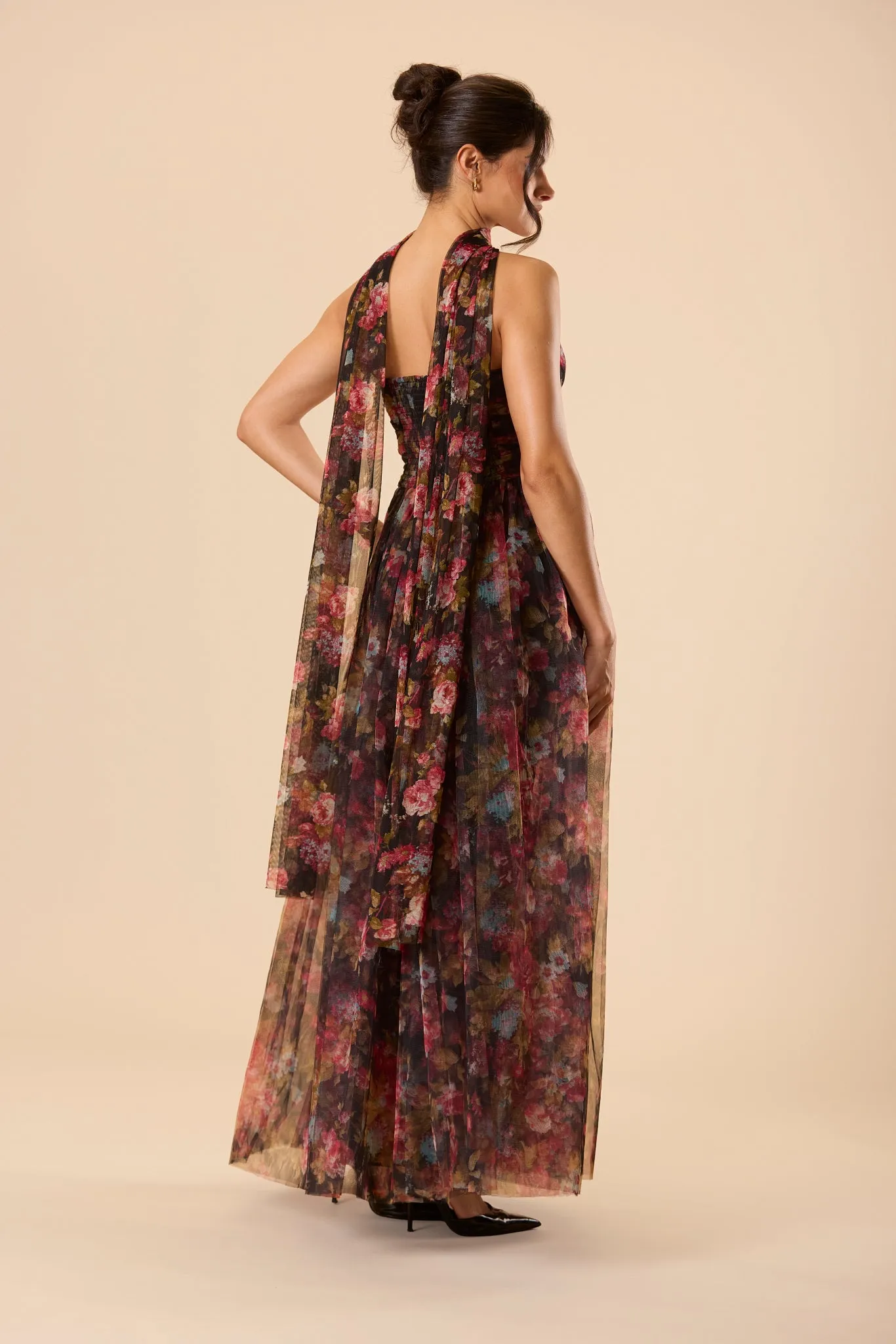 Lorena Strapless Tulle Maxi Dress in Black Floral with Scarf sold by Lace & Beads product image thumbnail 3