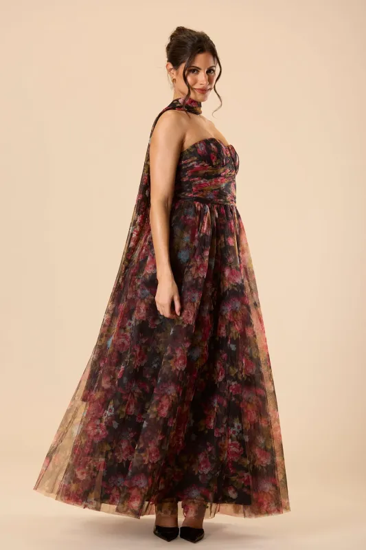 Lorena Strapless Tulle Maxi Dress in Black Floral with Scarf made by Lace & Beads