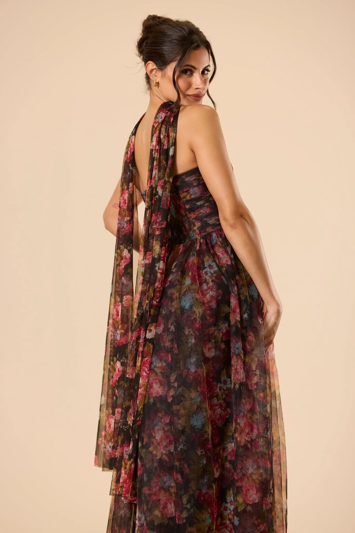 Lorena Strapless Tulle Maxi Dress in Black Floral with Scarf sold by Lace & Beads product image thumbnail 2