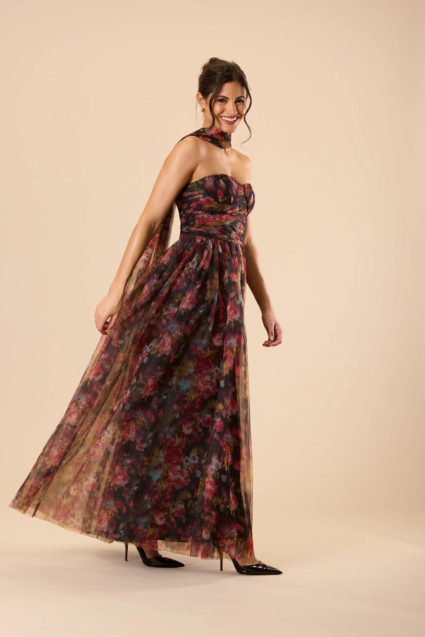 Lorena Strapless Tulle Maxi Dress in Black Floral with Scarf sold by Lace & Beads product image thumbnail 4