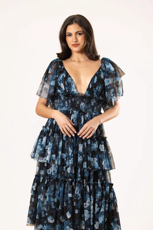 Jasmine Soft Tulle Maxi Dress in Blue Floral made by Lace & Beads