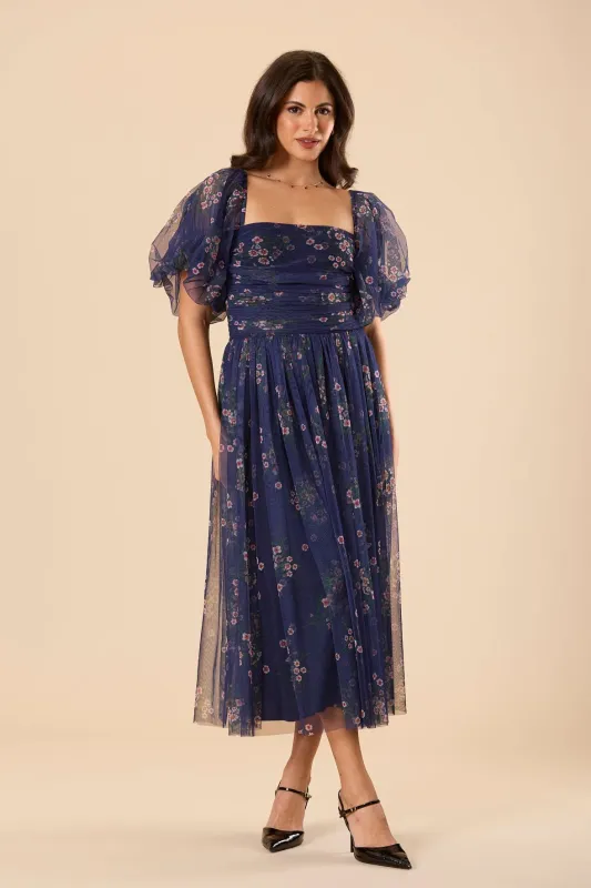 Lana Puff Sleeve Tulle Midi Dress in Navy Floral made by Lace & Beads