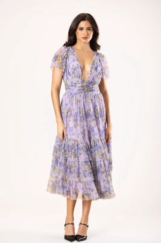 Smocked Madison Tulle Midi Dress in Lilac Print made by Lace & Beads
