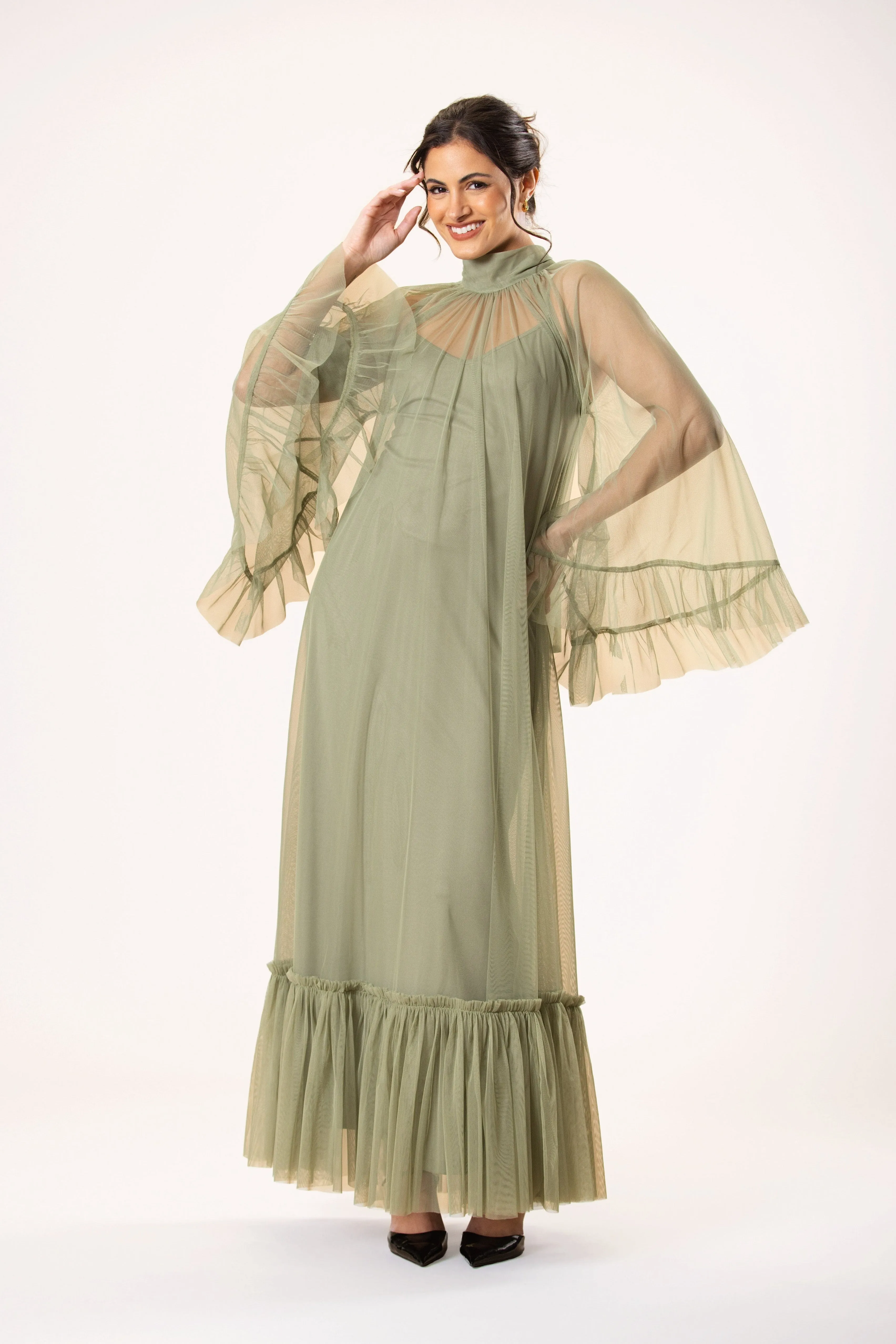 Malta Tulle Midaxi Dress in Soft Olive sold by Lace & Beads product image thumbnail 2