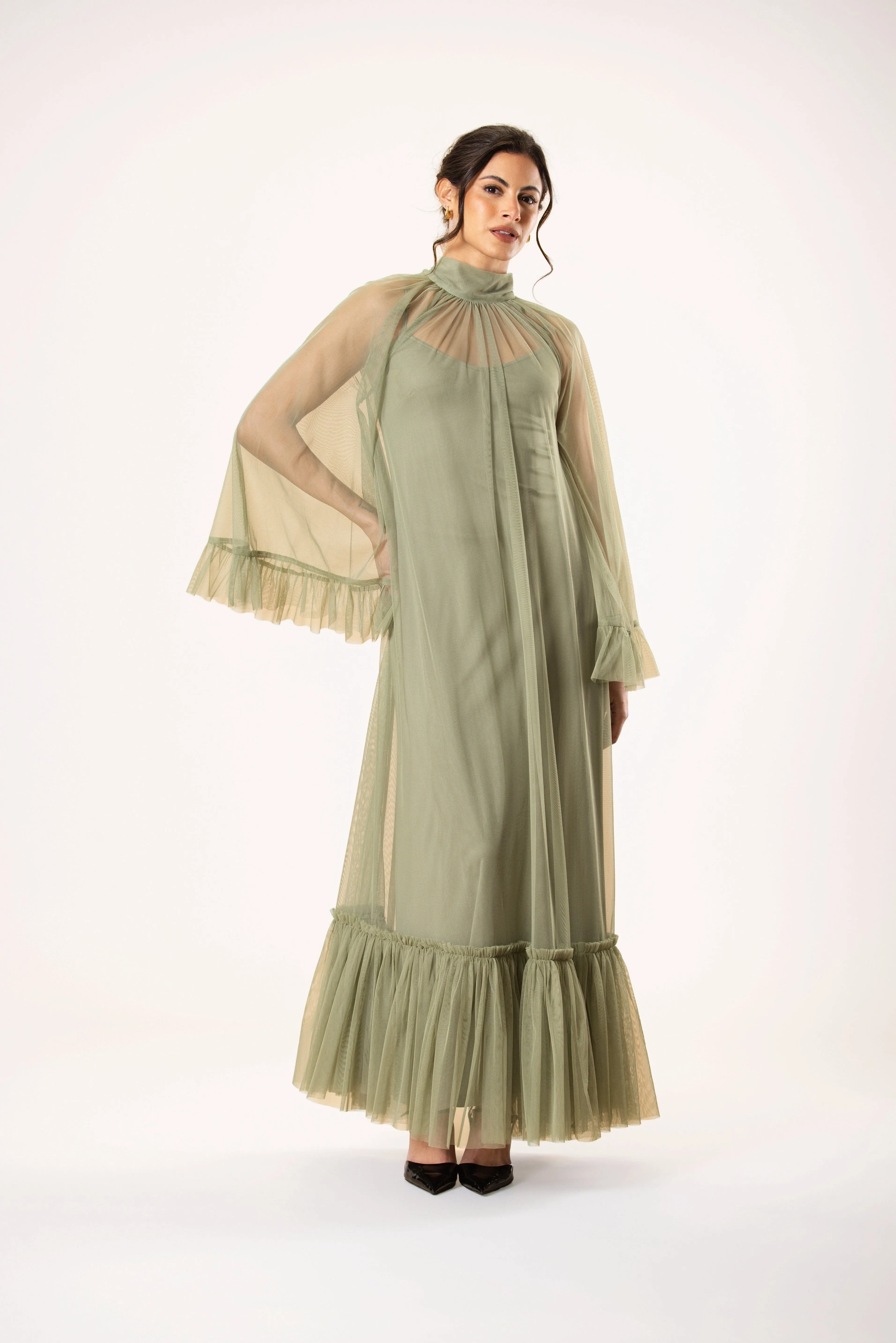 Malta Tulle Midaxi Dress in Soft Olive sold by Lace & Beads product image thumbnail 4