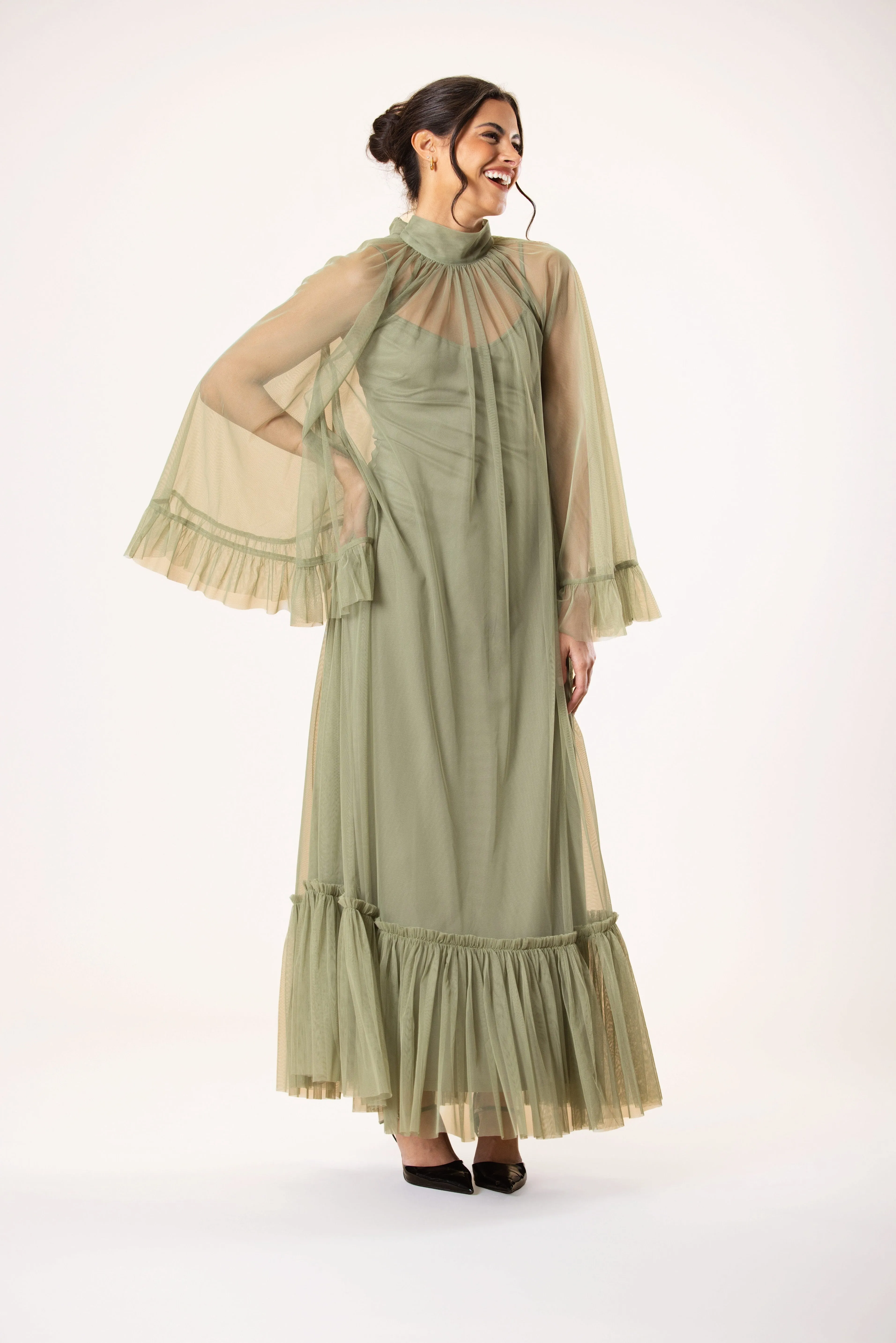 Malta Tulle Midaxi Dress in Soft Olive sold by Lace & Beads product image thumbnail 5
