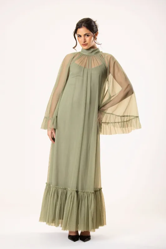 Malta Tulle Midaxi Dress in Soft Olive made by Lace & Beads