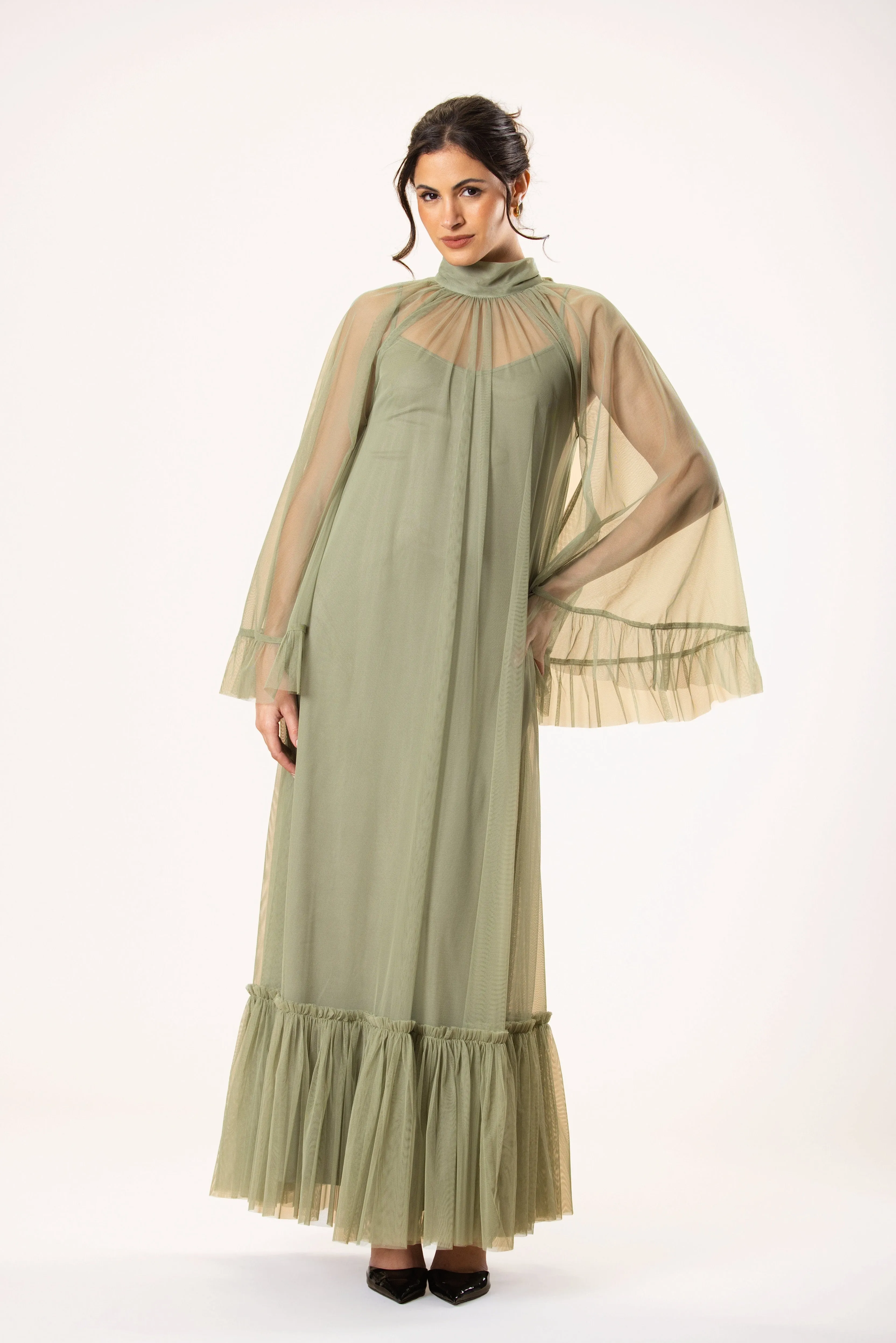 Malta Tulle Midaxi Dress in Soft Olive sold by Lace & Beads