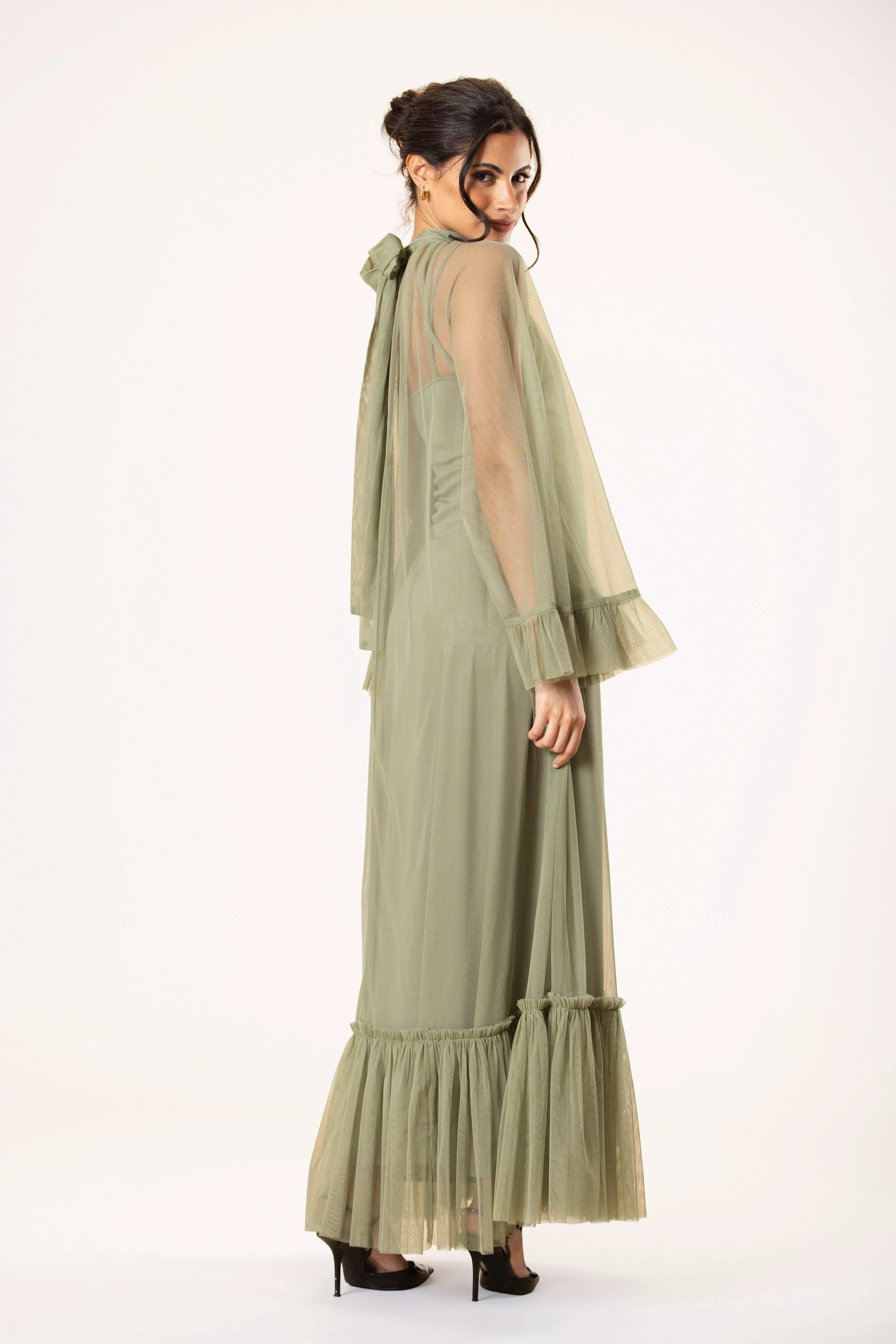 Malta Tulle Midaxi Dress in Soft Olive sold by Lace & Beads product image thumbnail 3