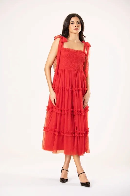 Louise Tulle Midi Dress in Red made by Lace & Beads