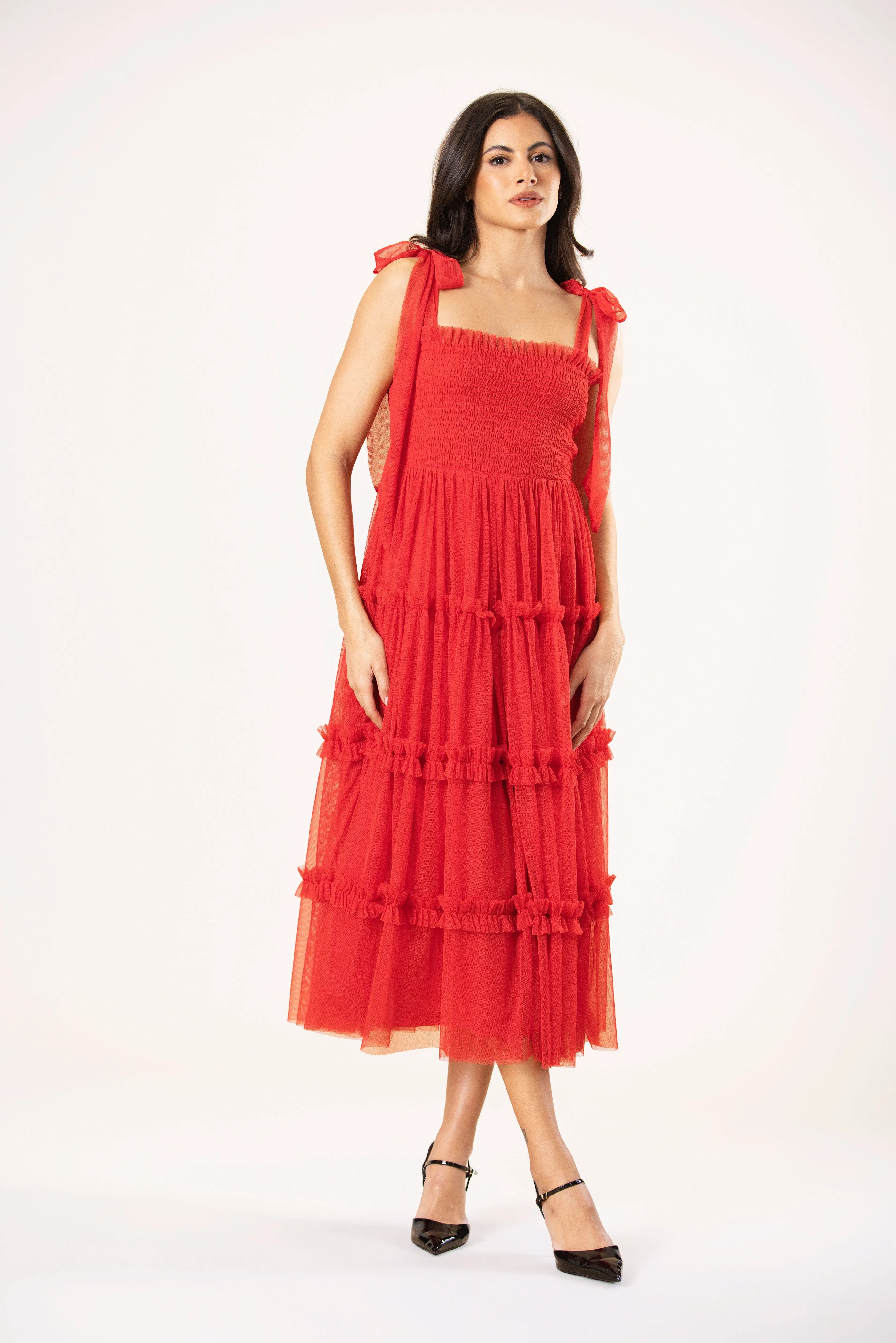 Louise Tulle Midi Dress in Red sold by Lace & Beads