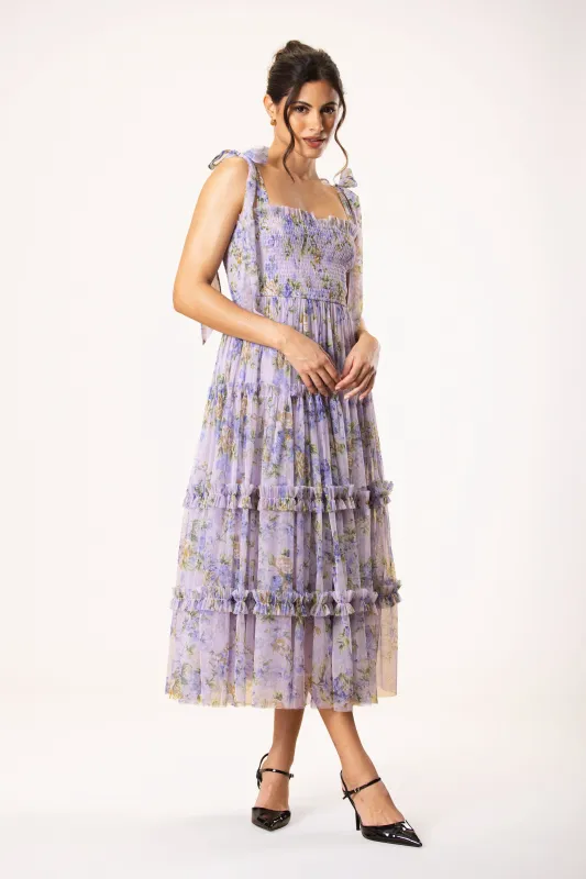 Louise Tulle Midi Dress in Lilac Print made by Lace & Beads
