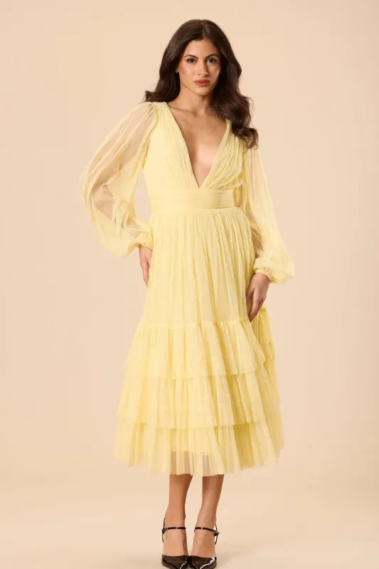 Madison Long Sleeve Tulle Midi Dress in Buttercup sold by Lace & Beads