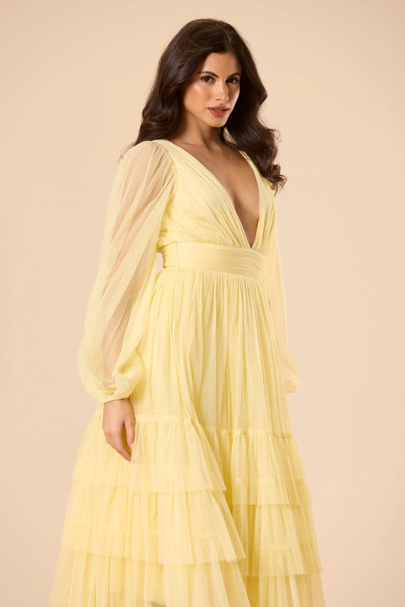Madison Long Sleeve Tulle Midi Dress in Buttercup sold by Lace & Beads product image thumbnail 5