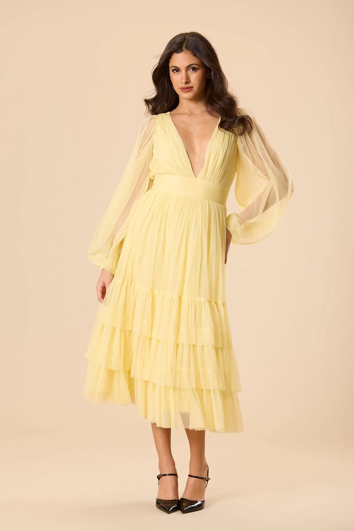 Madison Long Sleeve Tulle Midi Dress in Buttercup sold by Lace & Beads product image thumbnail 3