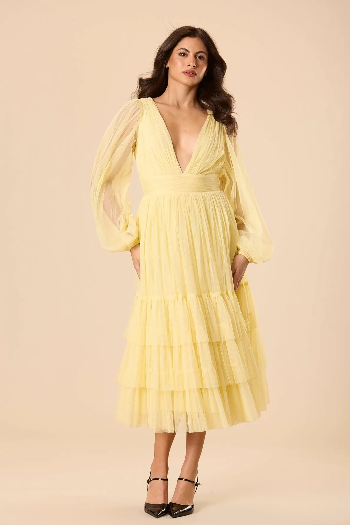 Madison Long Sleeve Tulle Midi Dress in Buttercup sold by Lace & Beads product image thumbnail 4