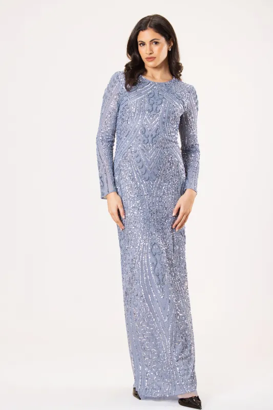 Jocasta Embellished Maxi Dress in Light Blue sold by Lace & Beads