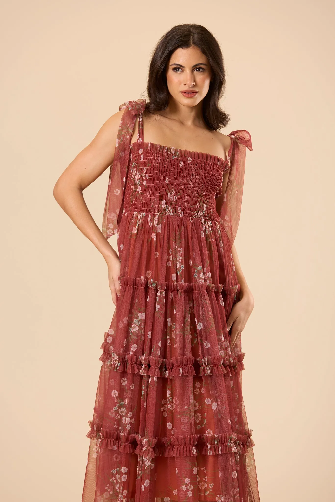 Louise Tulle Midi Dress in Brick Floral sold by Lace & Beads product image thumbnail 3