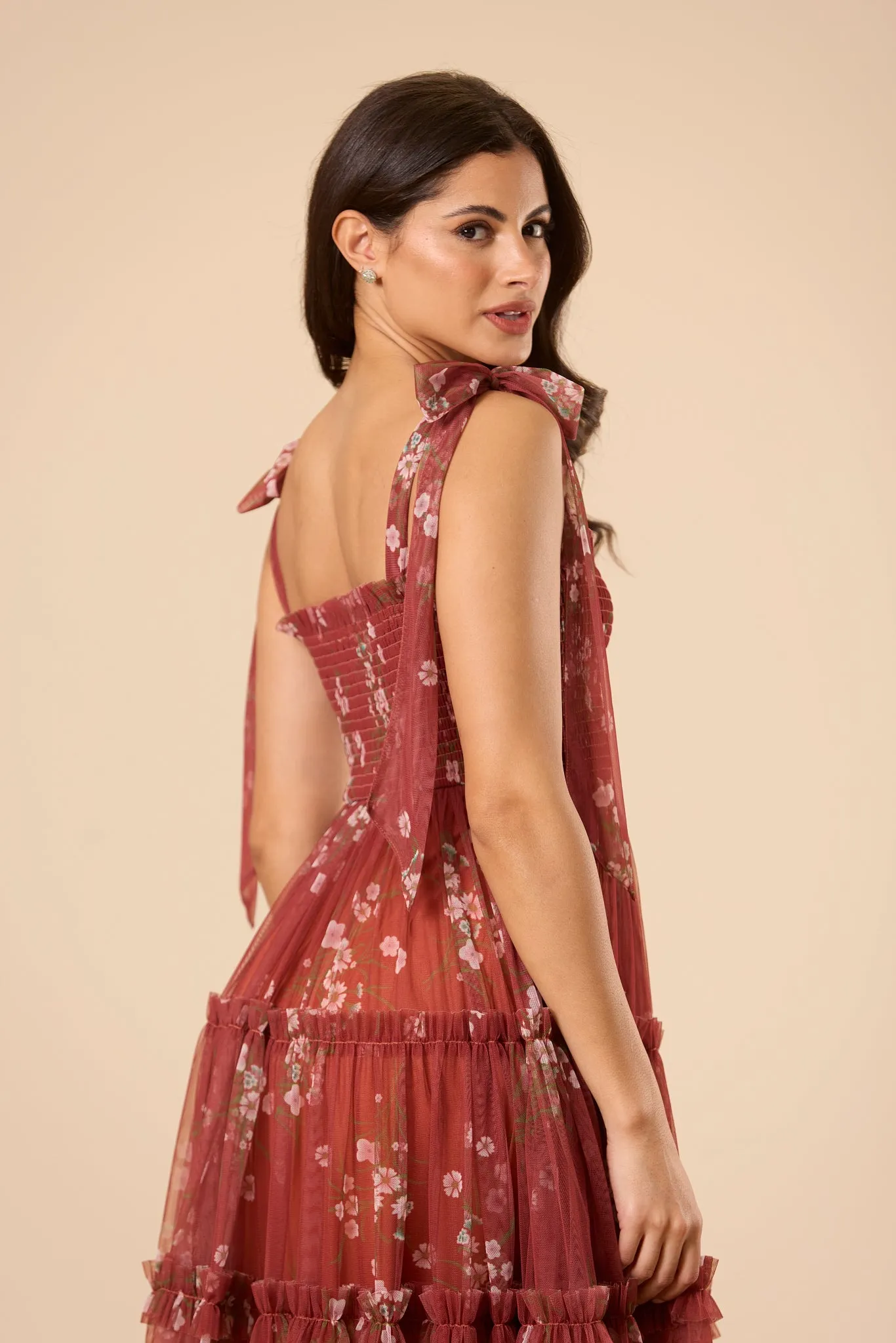 Louise Tulle Midi Dress in Brick Floral sold by Lace & Beads product image thumbnail 2