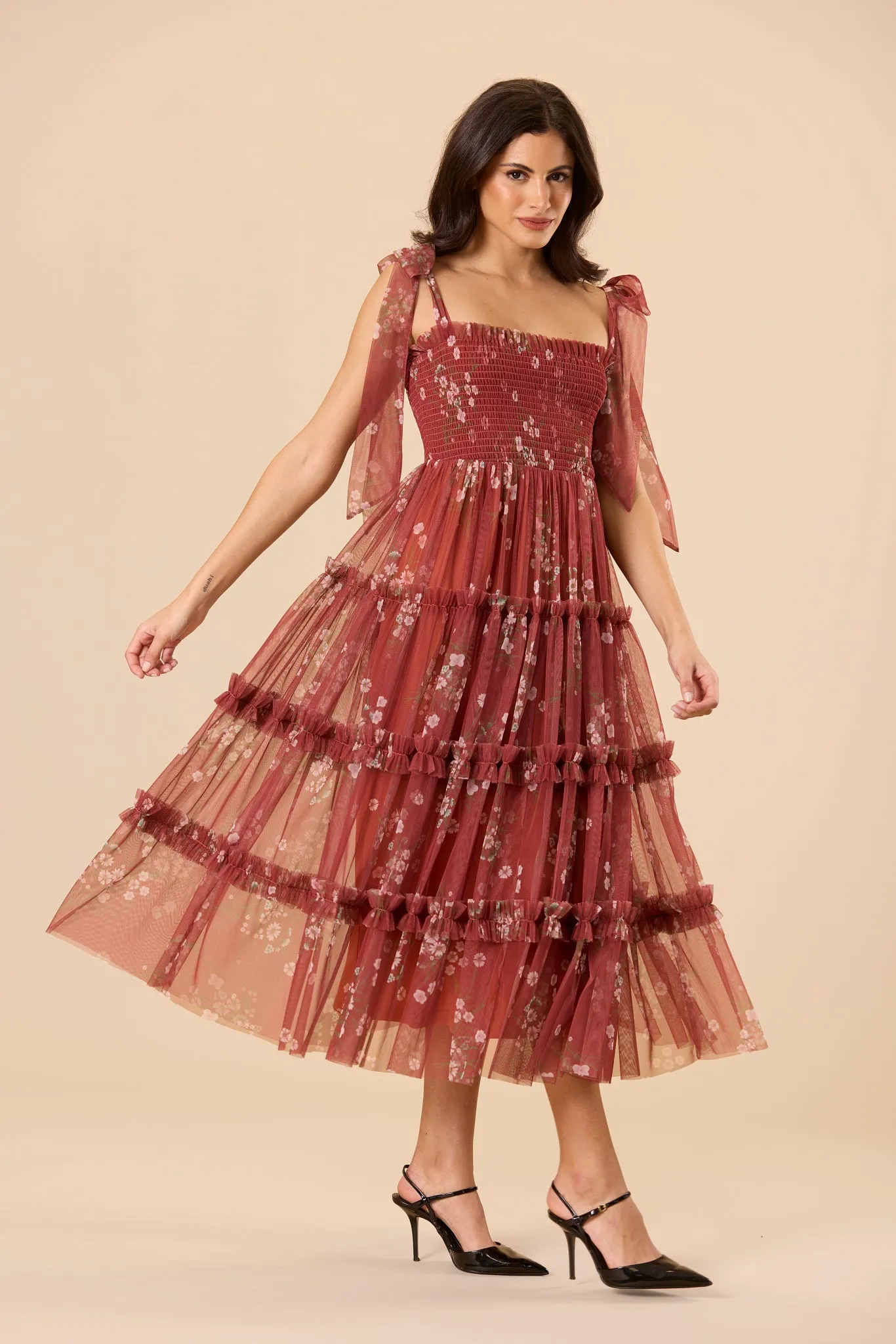 Louise Tulle Midi Dress in Brick Floral sold by Lace & Beads product image thumbnail 4