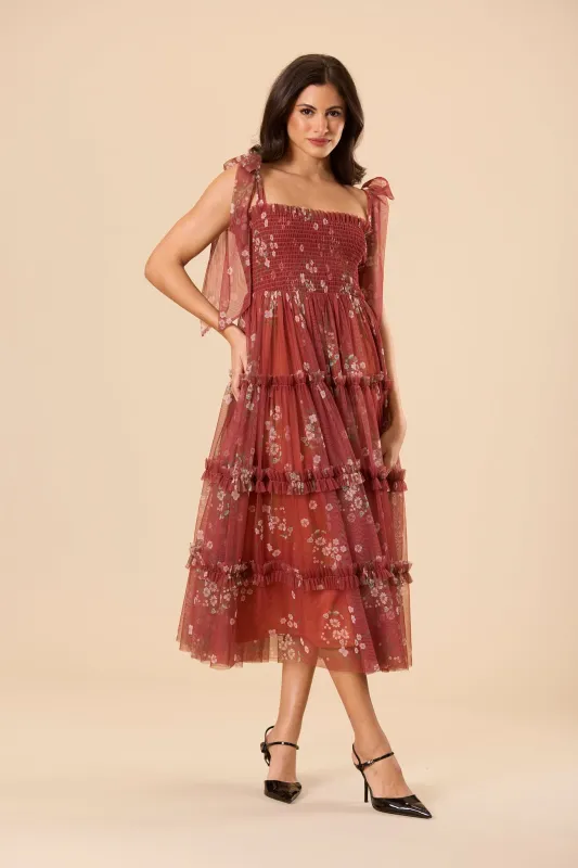 Louise Tulle Midi Dress in Brick Floral made by Lace & Beads