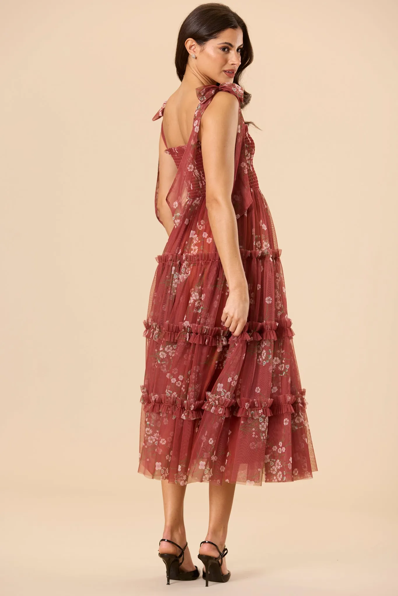 Louise Tulle Midi Dress in Brick Floral sold by Lace & Beads product image thumbnail 5