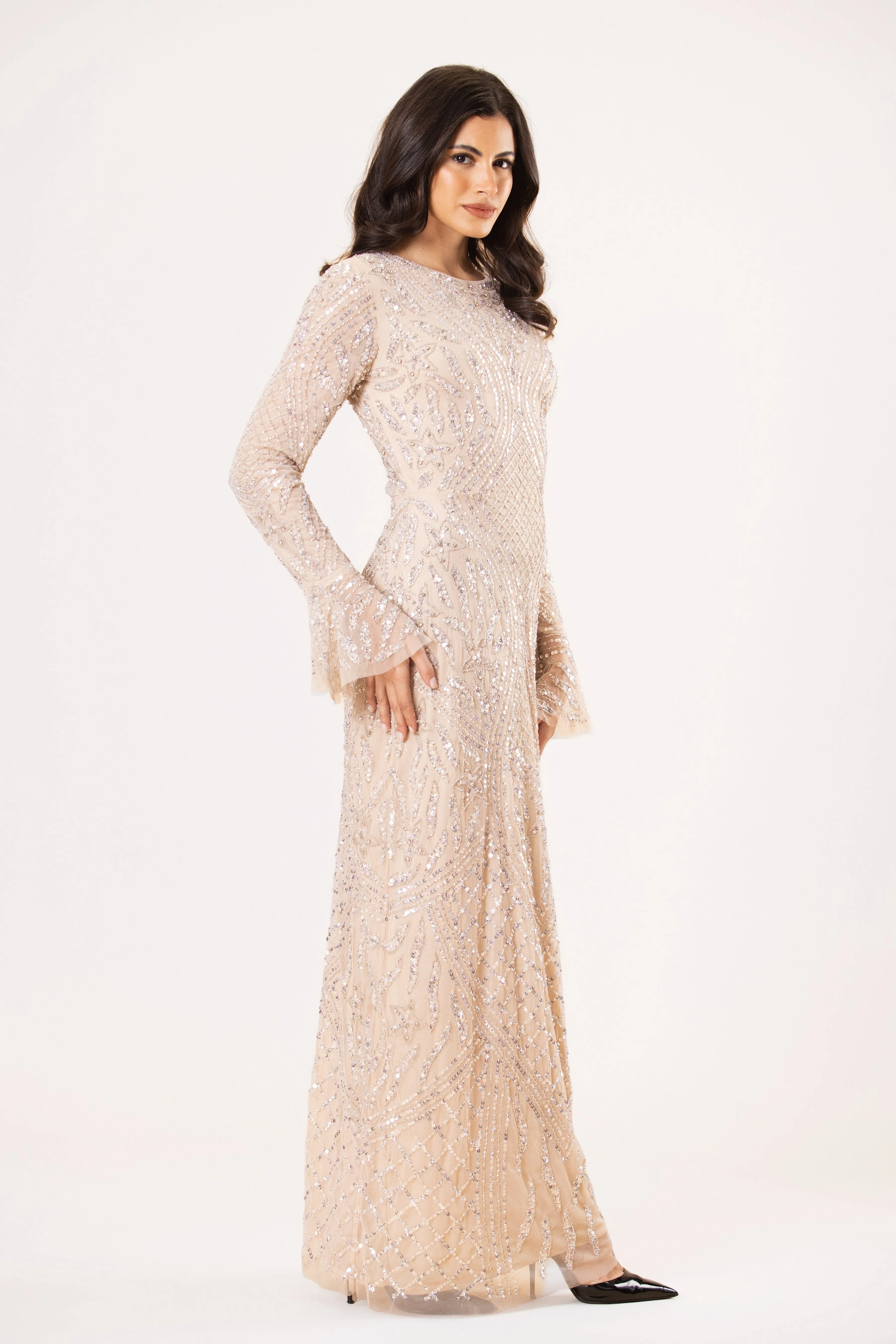 Amy Long Sleeve Embellished Maxi Dress in Mink sold by Lace & Beads