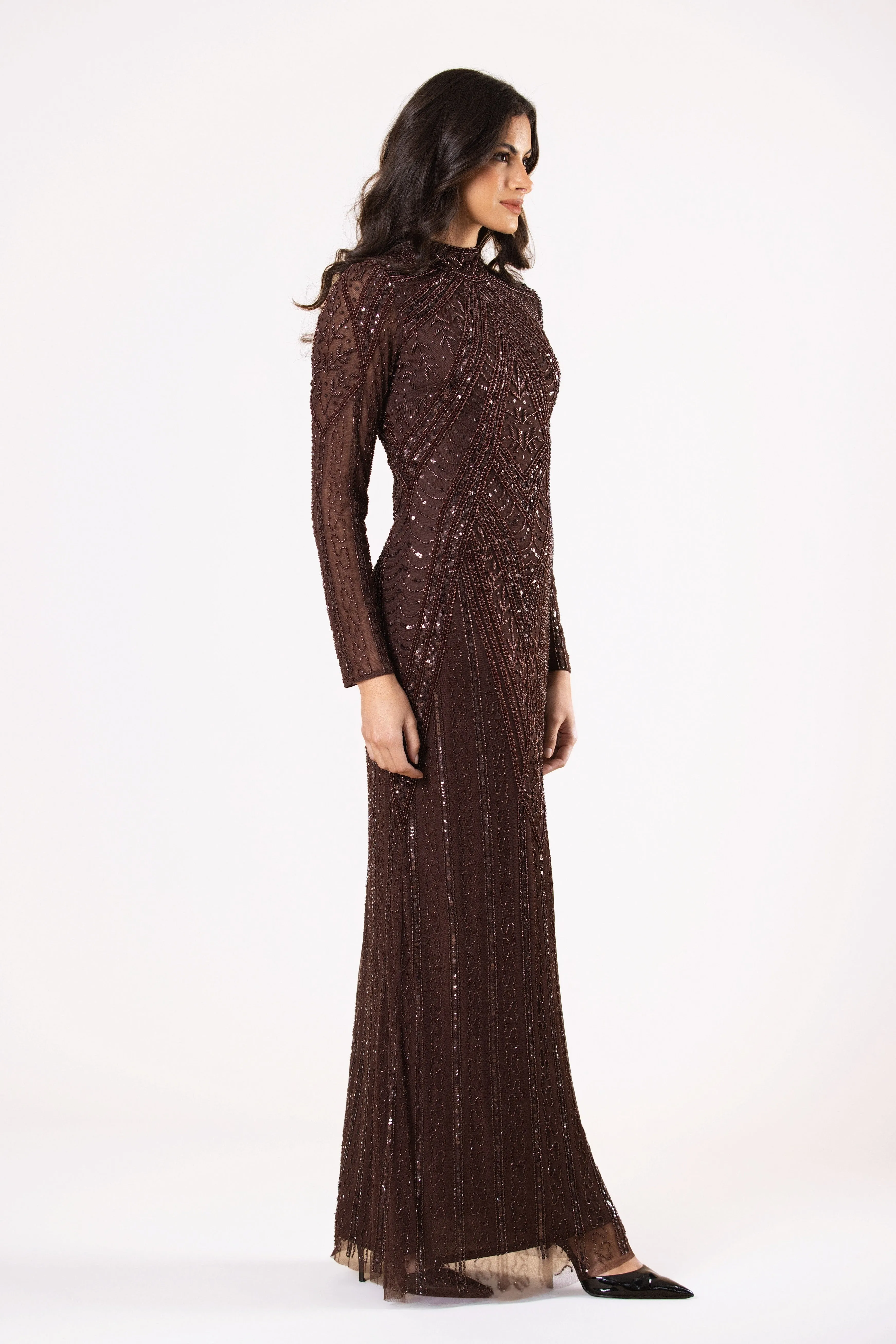 Hera Embellished Maxi Dress in Chocolate Brown sold by Lace & Beads