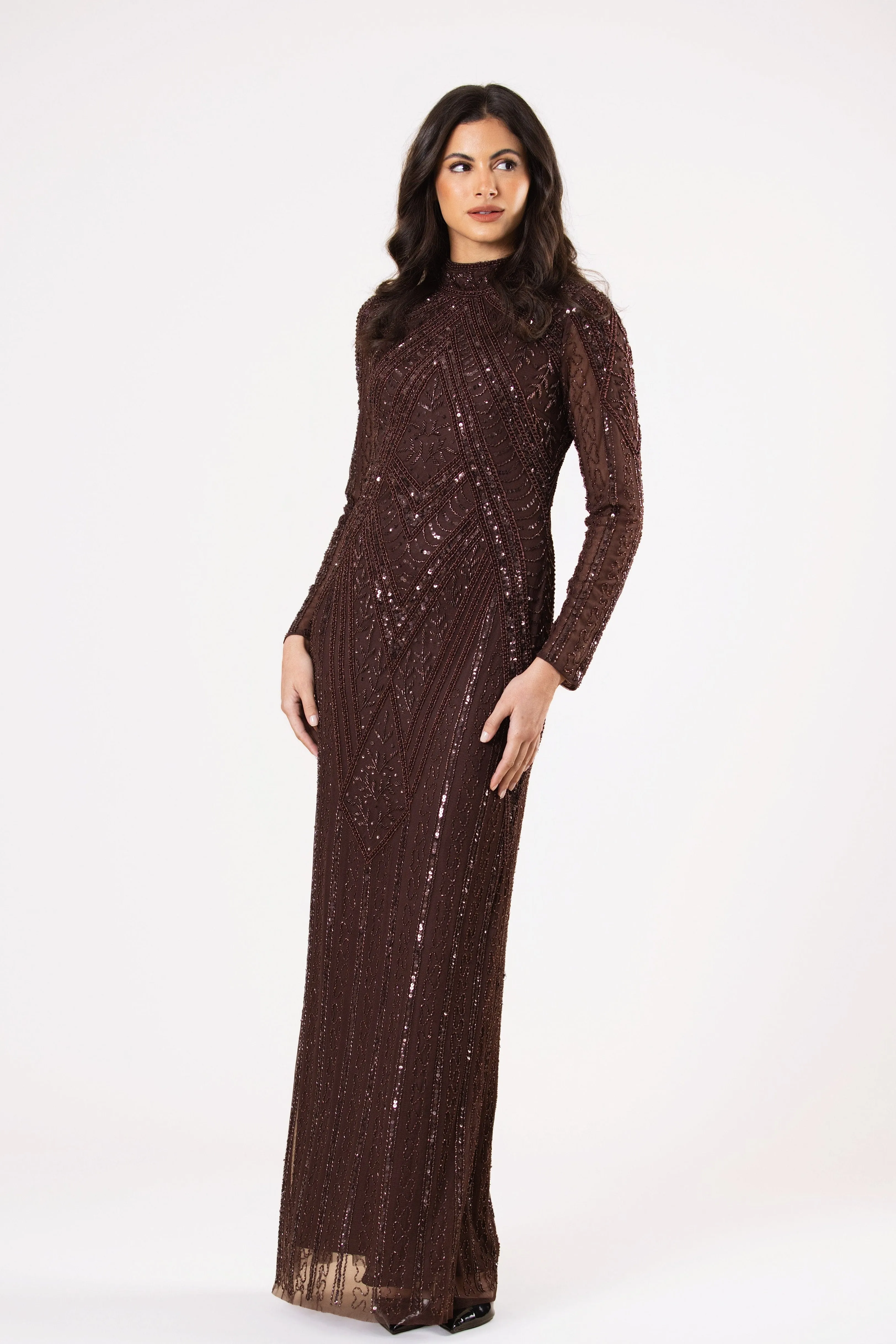 Hera Embellished Maxi Dress in Chocolate Brown sold by Lace & Beads product image thumbnail 3