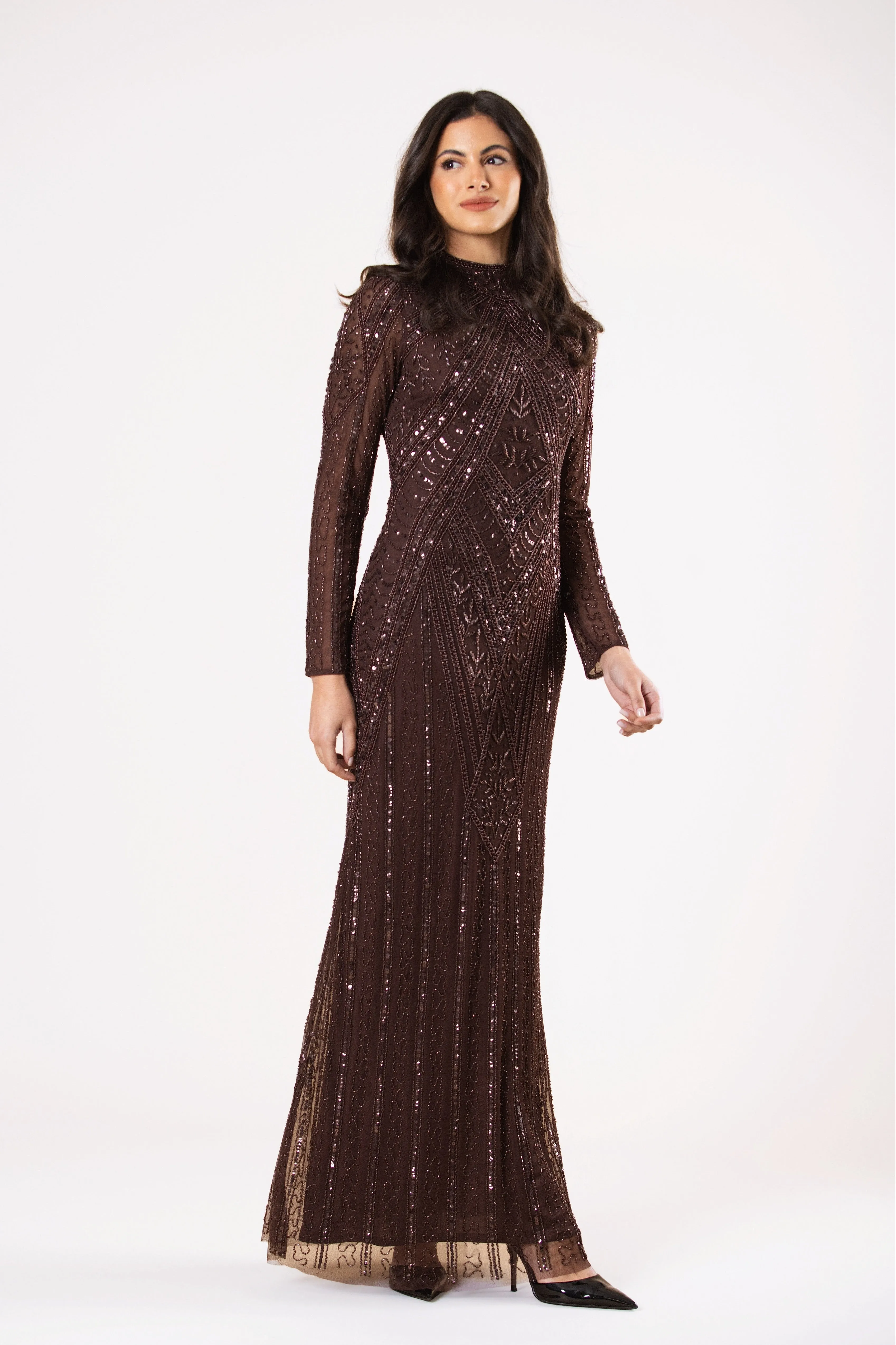 Hera Embellished Maxi Dress in Chocolate Brown sold by Lace & Beads product image thumbnail 5
