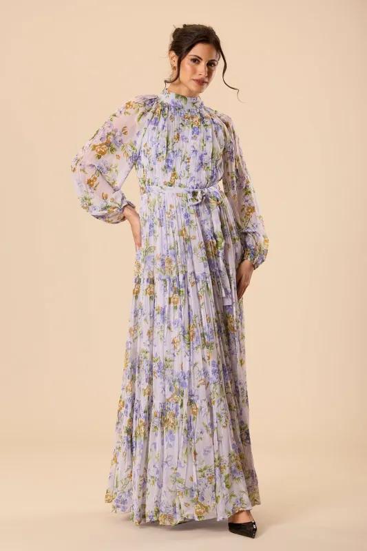 Violetta Chiffon Maxi Dress in Lilac Print made by Lace & Beads