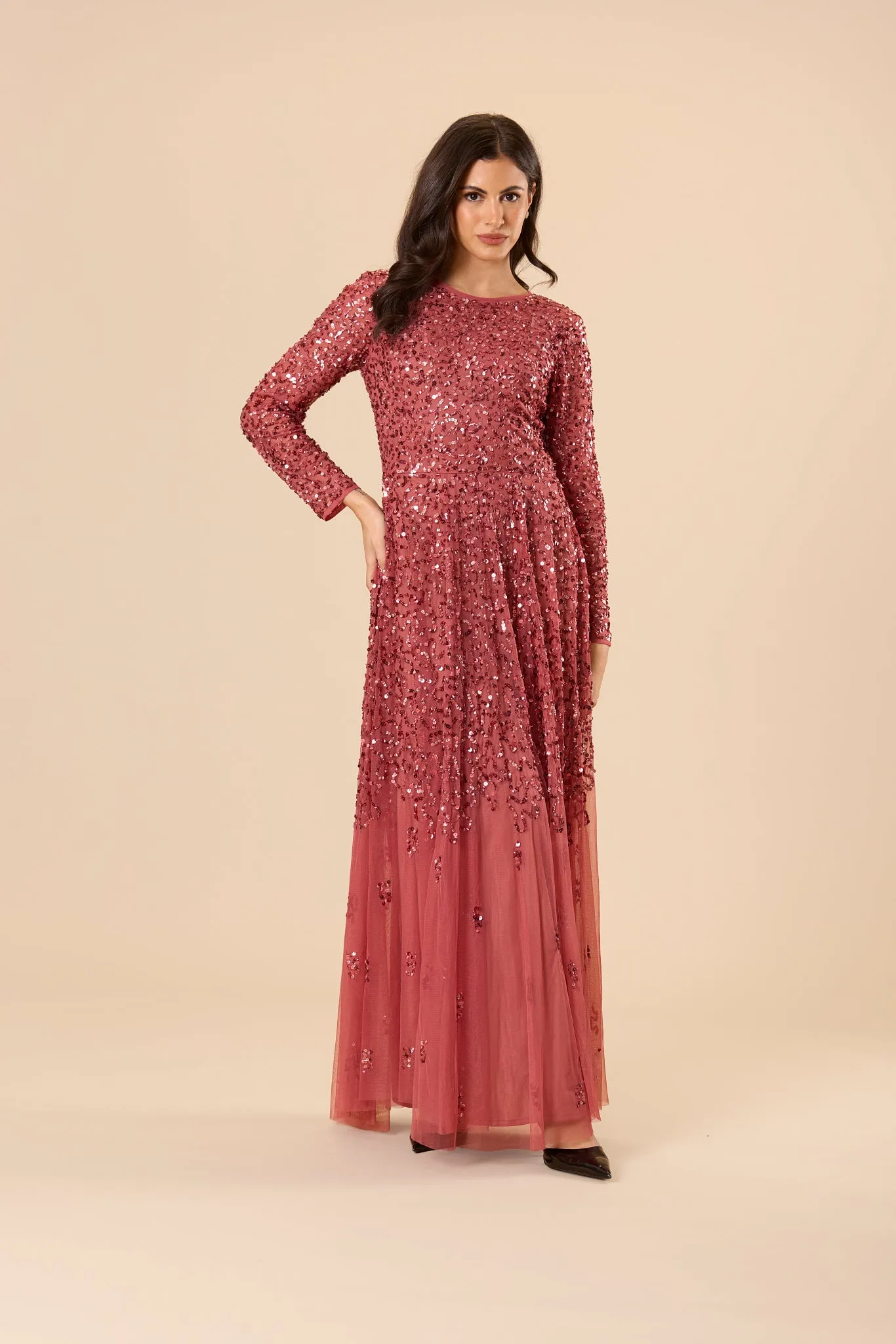 Sila Long Sleeve Embellished Maxi Dress in Auburn sold by Lace & Beads product image thumbnail 3
