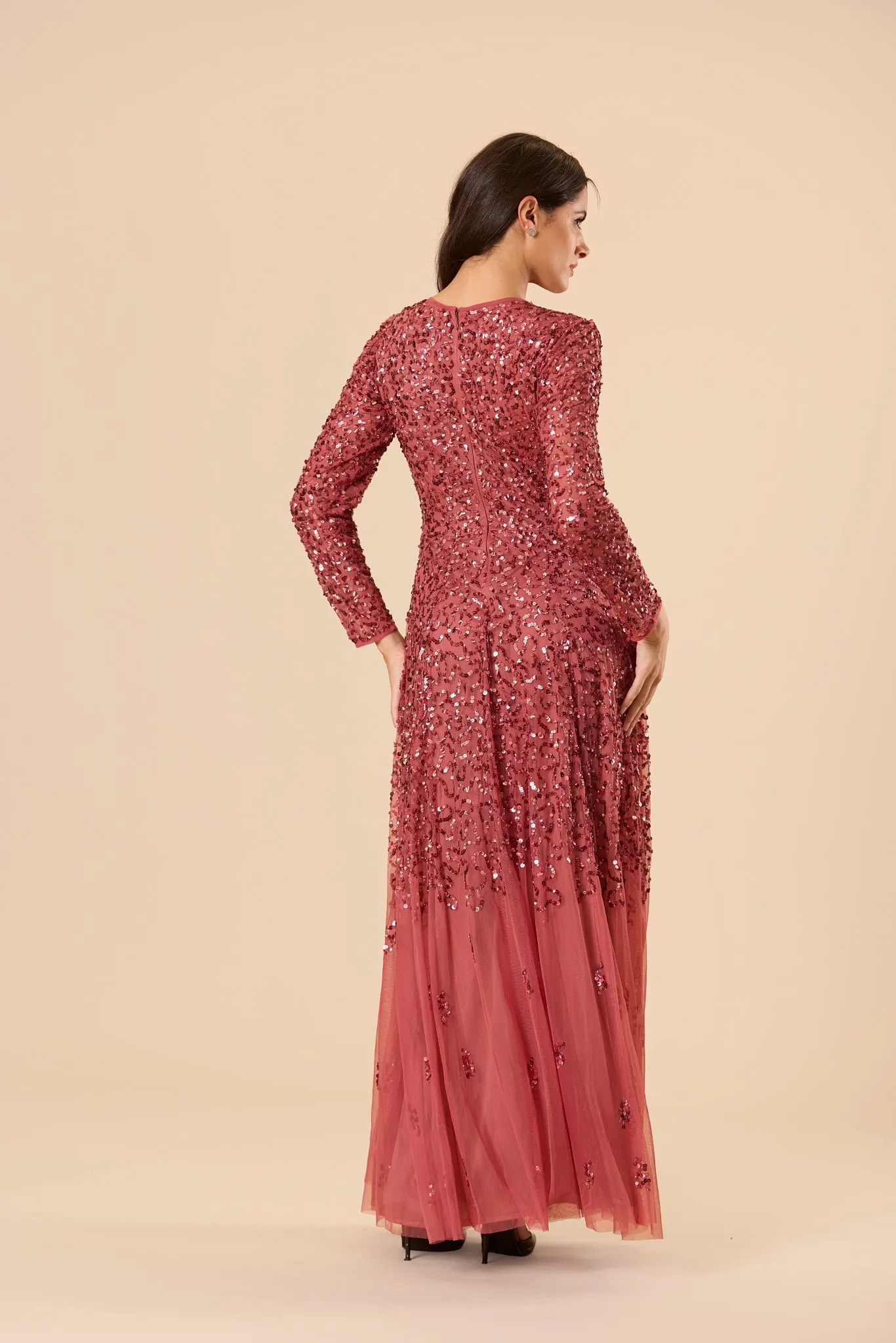 Sila Long Sleeve Embellished Maxi Dress in Auburn sold by Lace & Beads product image thumbnail 5
