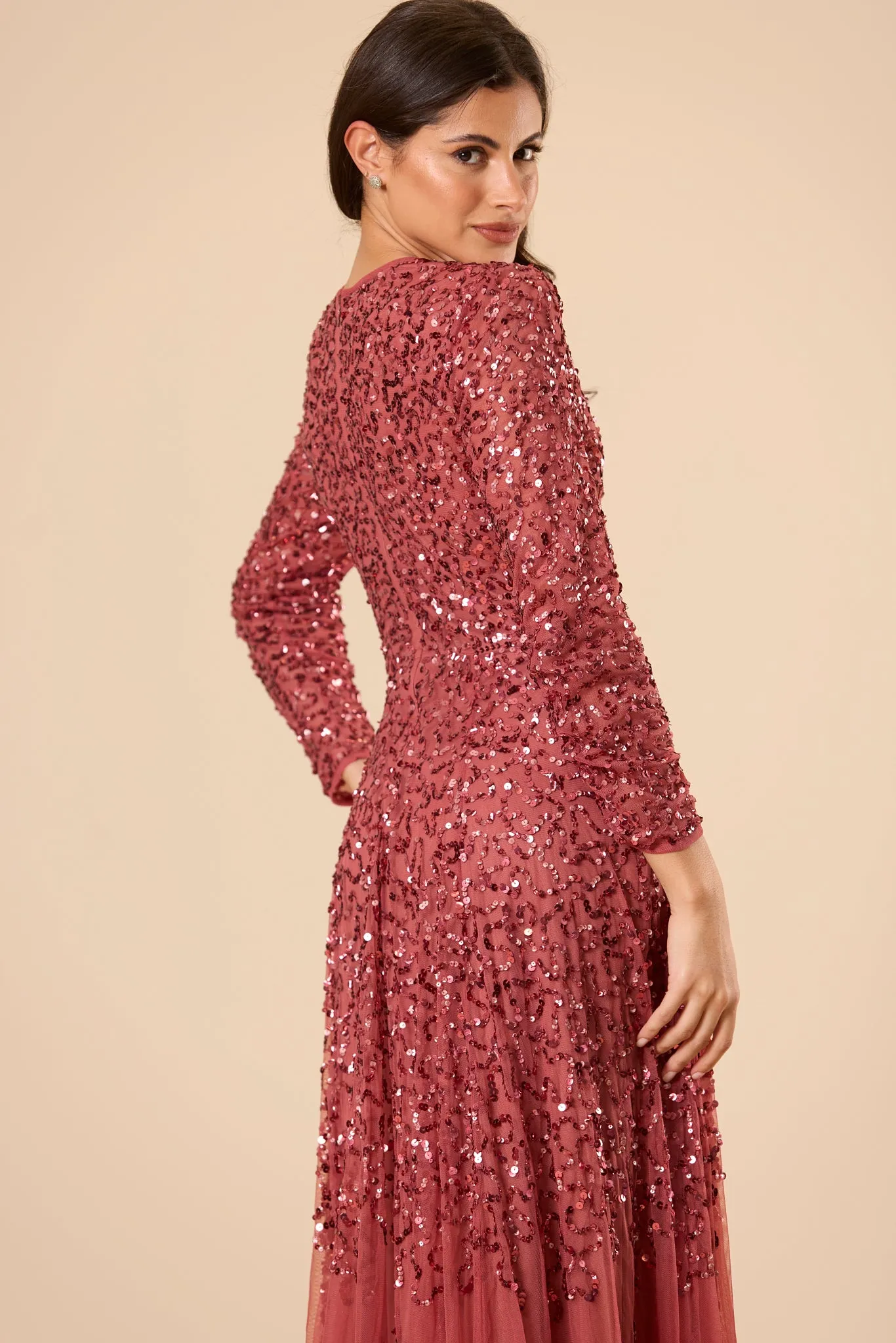 Sila Long Sleeve Embellished Maxi Dress in Auburn sold by Lace & Beads product image thumbnail 4