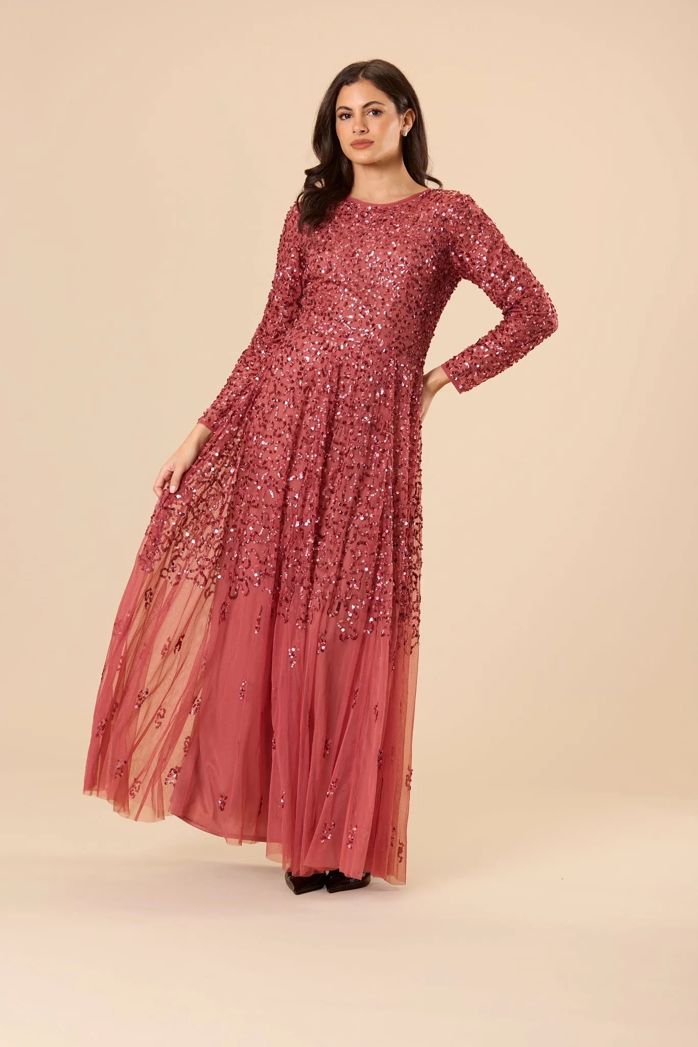 Sila Long Sleeve Embellished Maxi Dress in Auburn sold by Lace & Beads product image thumbnail 2