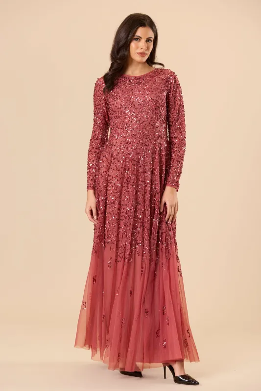 Sila Long Sleeve Embellished Maxi Dress in Auburn made by Lace & Beads