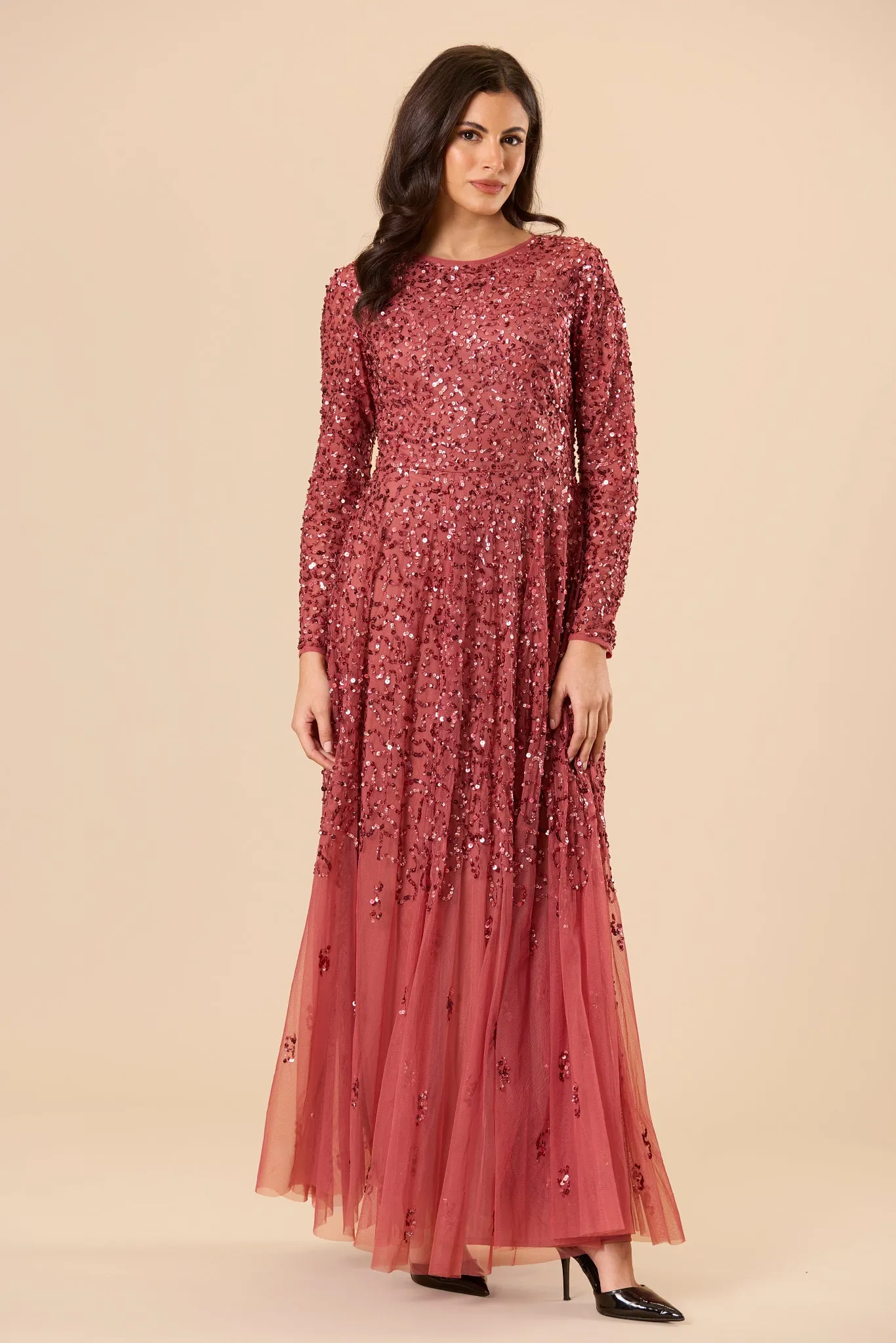 Sila Long Sleeve Embellished Maxi Dress in Auburn sold by Lace & Beads