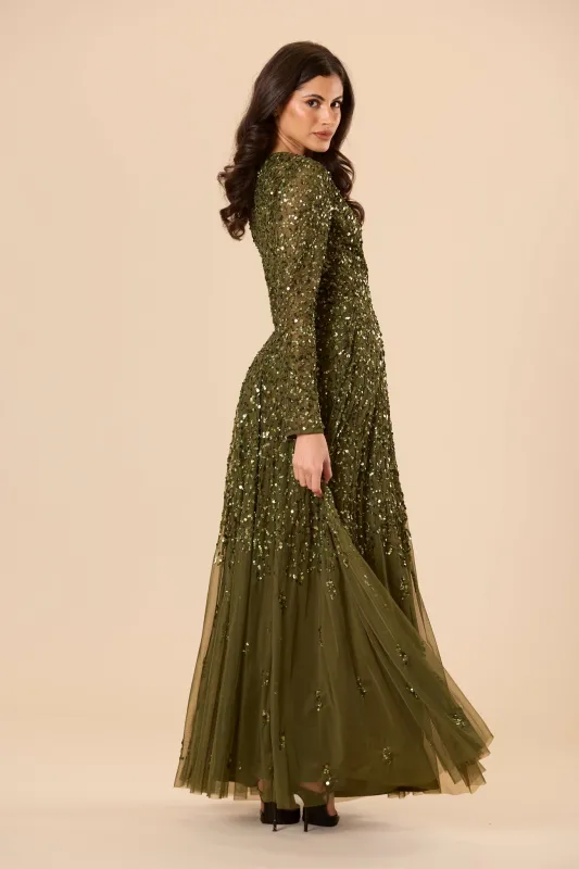 Sila Long Sleeve Embellished Maxi Dress in Deep Olive Green made by Lace & Beads
