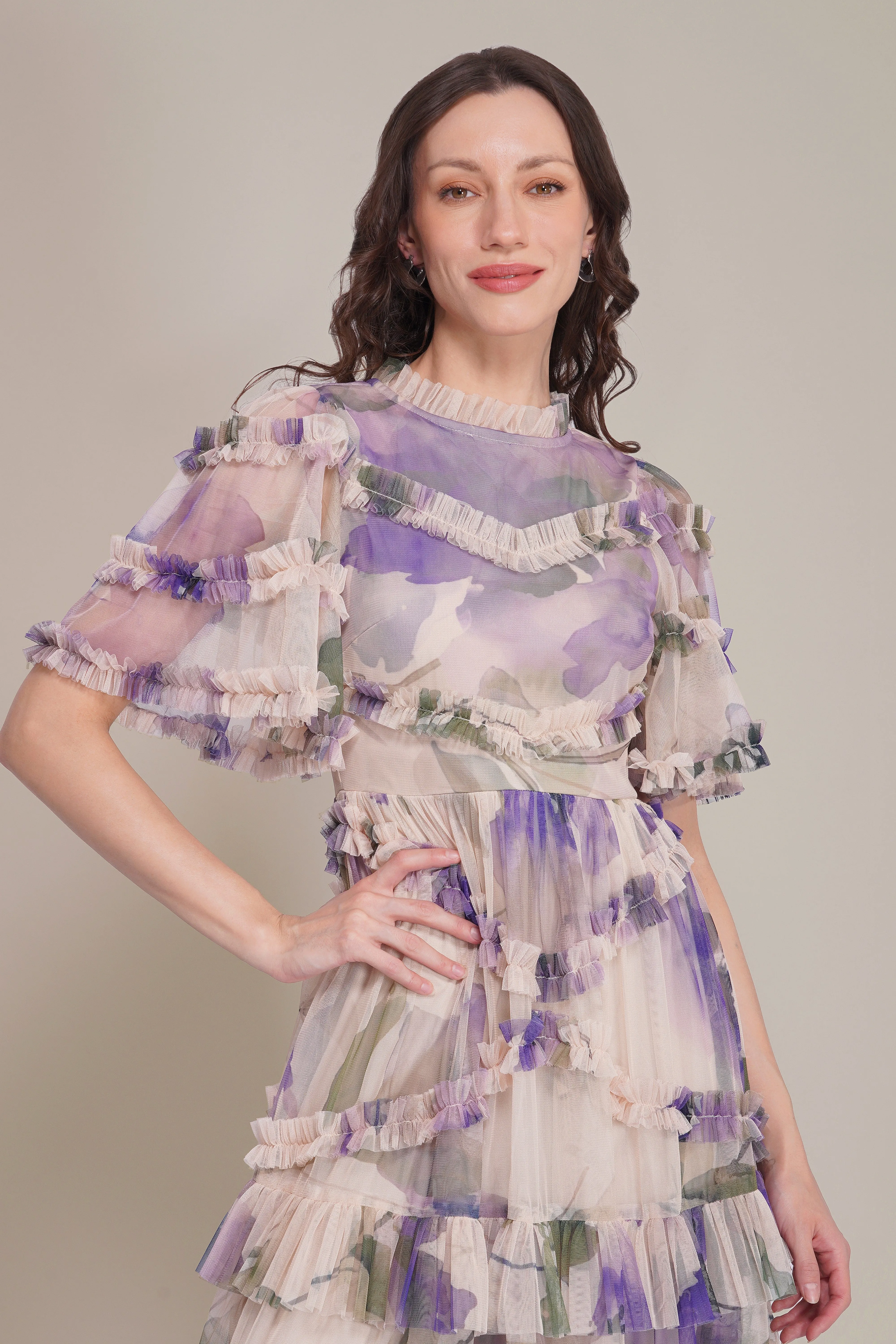 Florine Tulle Midi Dress in Violet Watercolour Print sold by Lace & Beads product image thumbnail 2