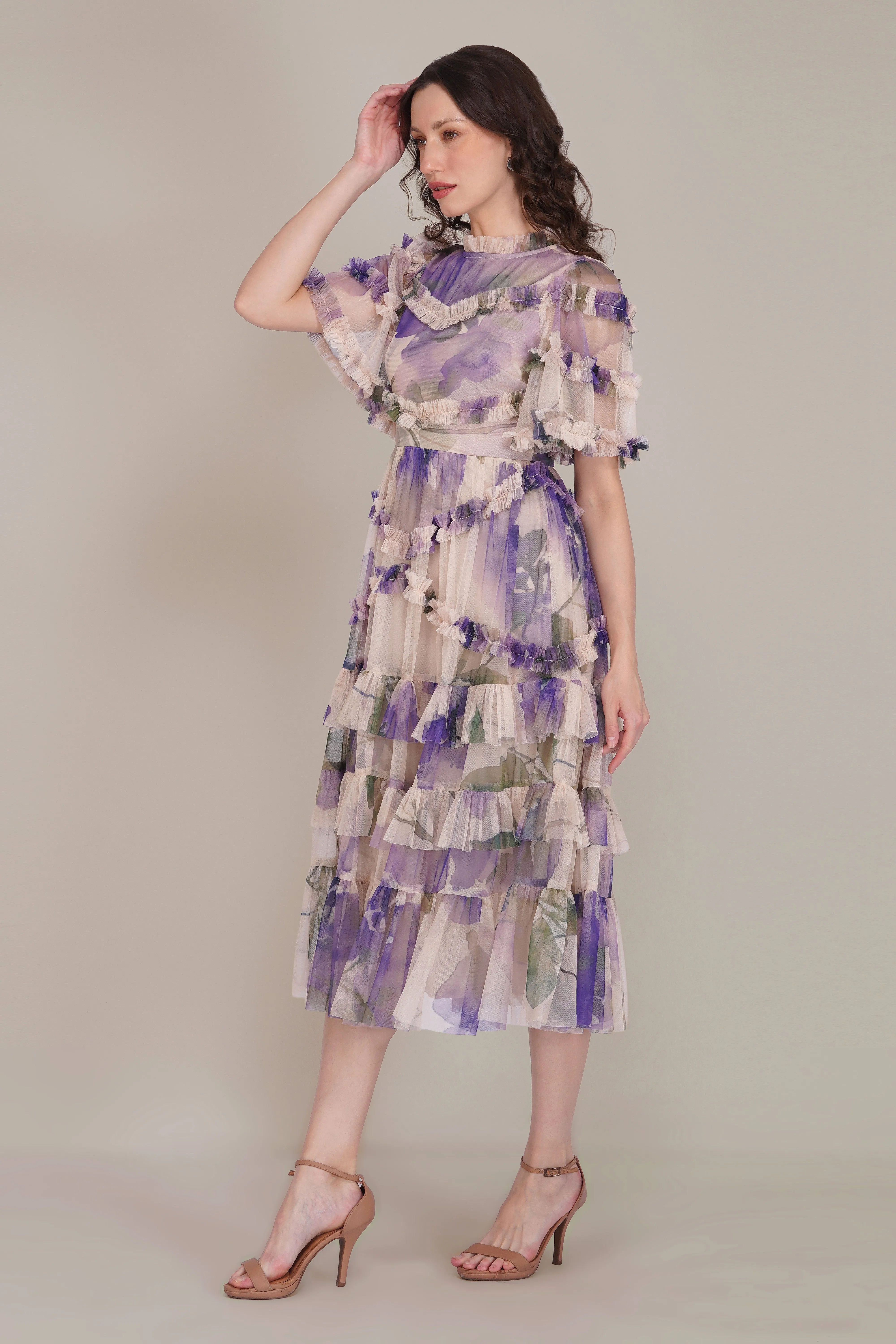 Florine Tulle Midi Dress in Violet Watercolour Print sold by Lace & Beads