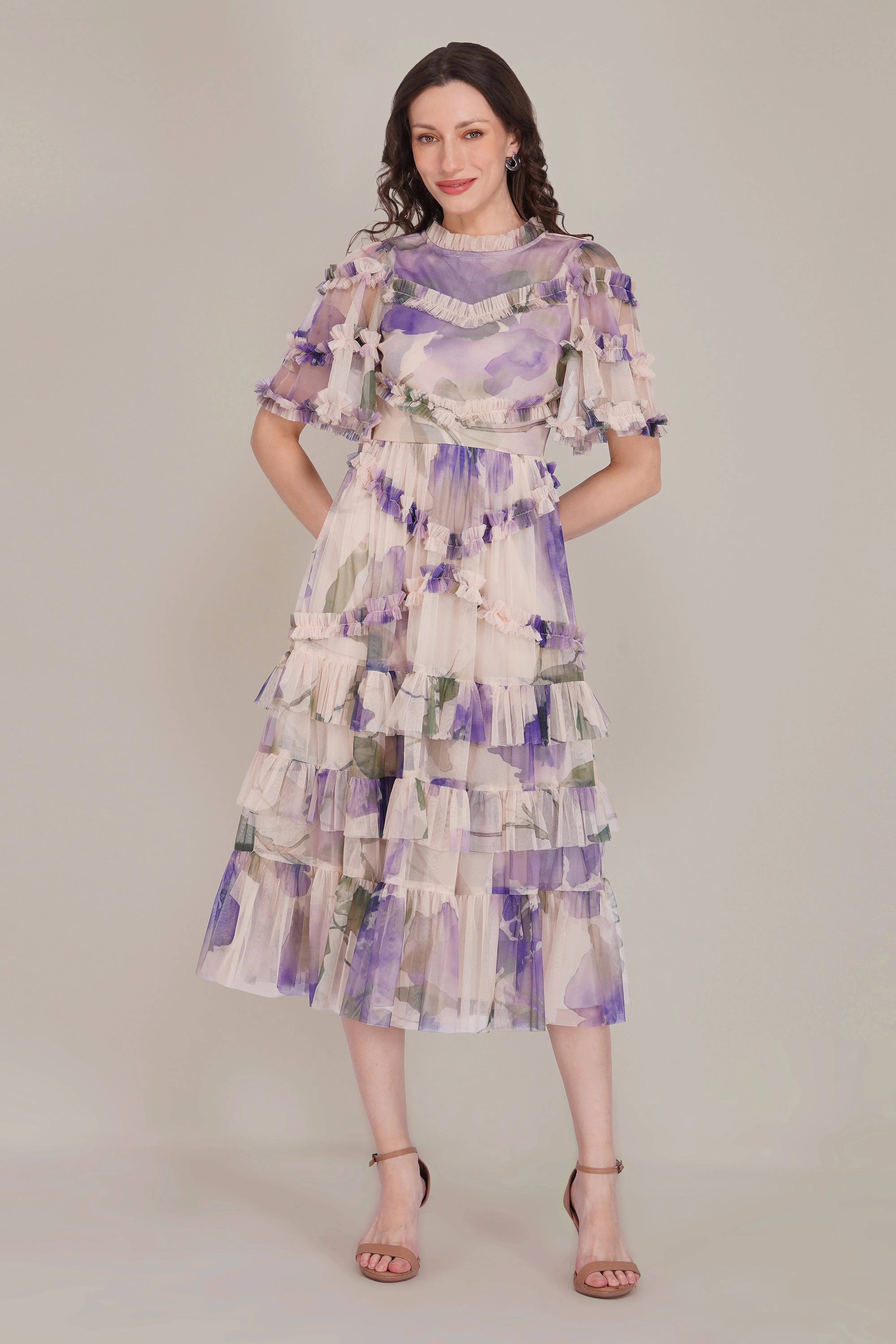 Florine Tulle Midi Dress in Violet Watercolour Print sold by Lace & Beads product image thumbnail 4