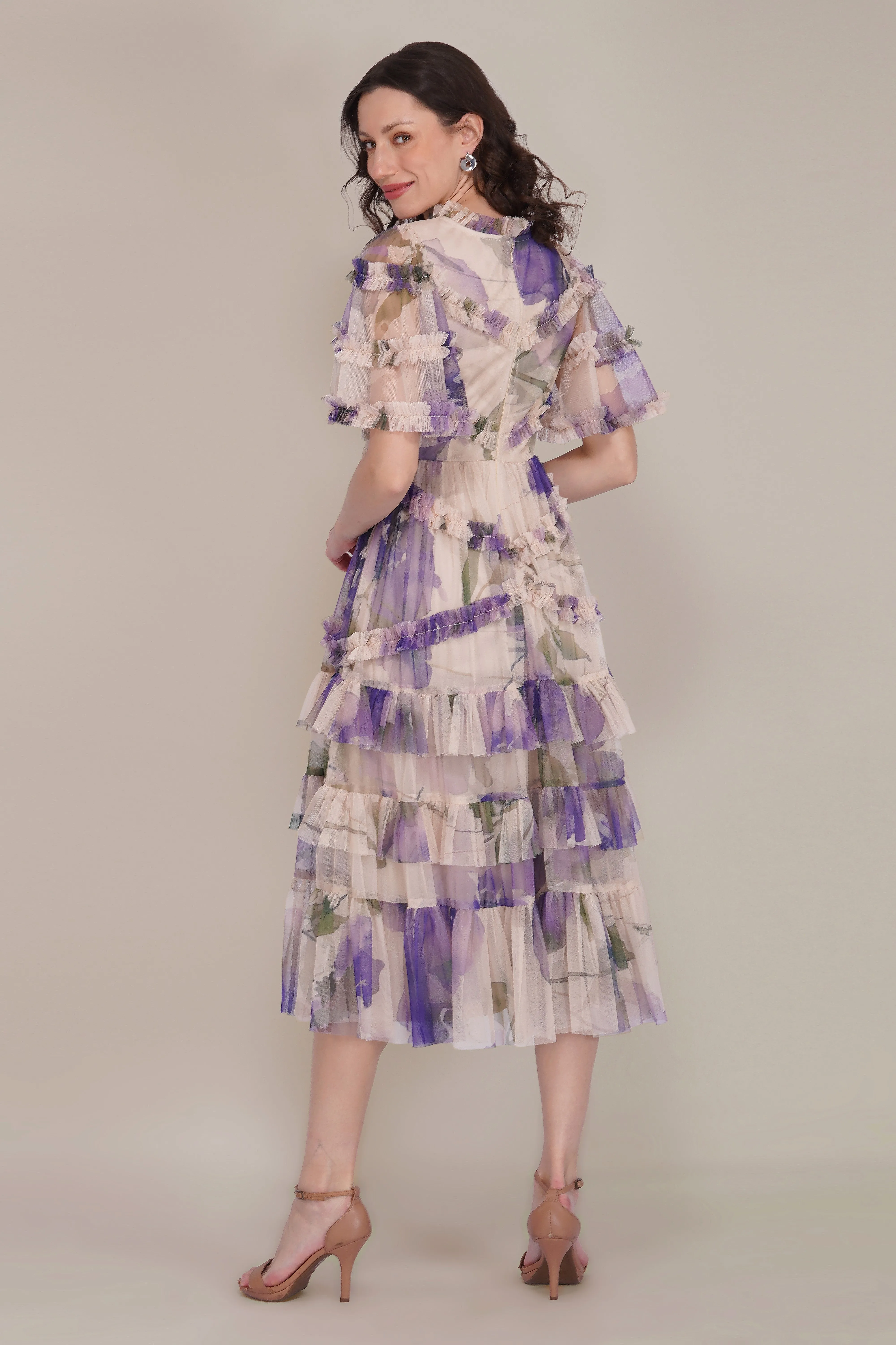 Florine Tulle Midi Dress in Violet Watercolour Print sold by Lace & Beads product image thumbnail 5