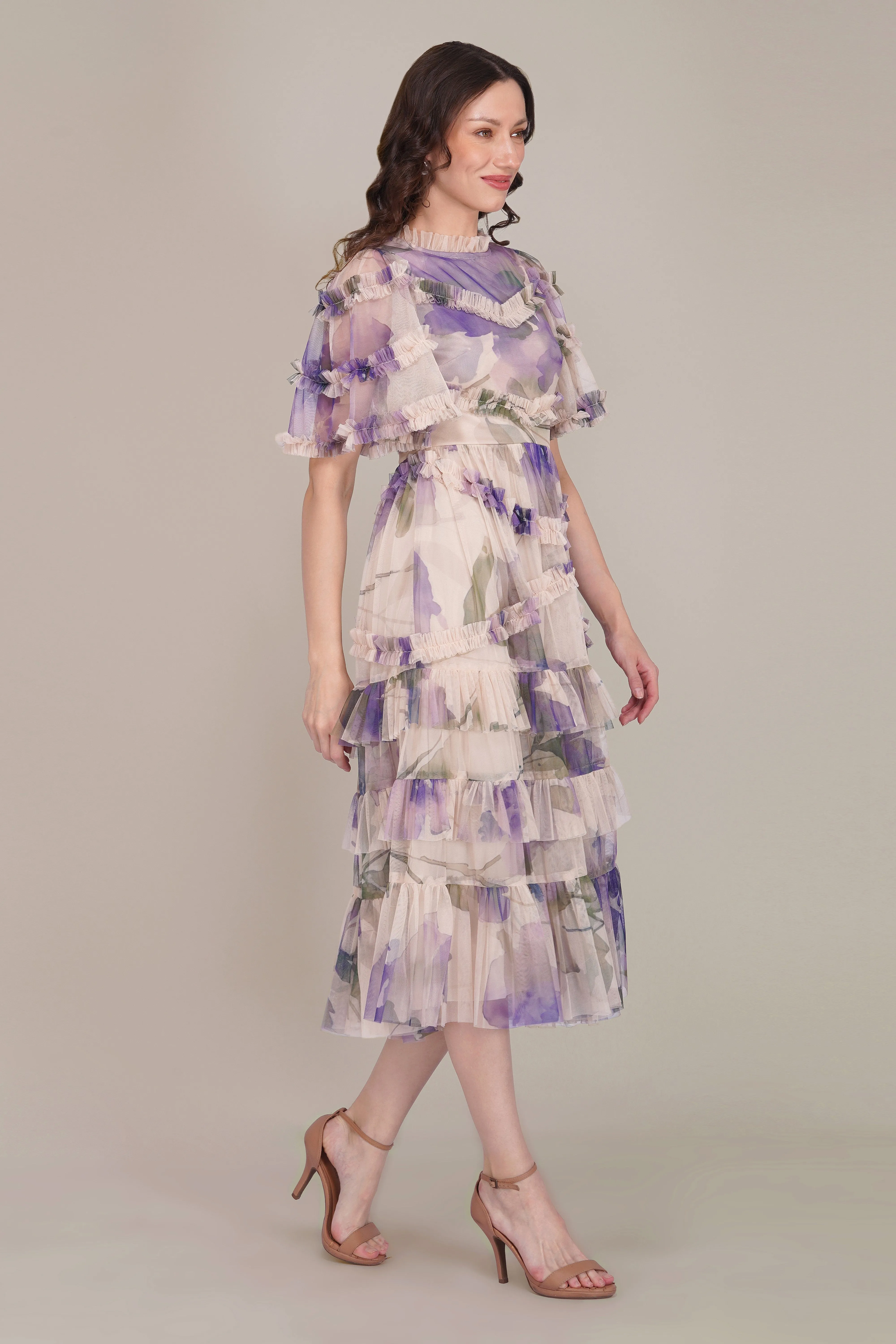 Florine Tulle Midi Dress in Violet Watercolour Print sold by Lace & Beads product image thumbnail 3