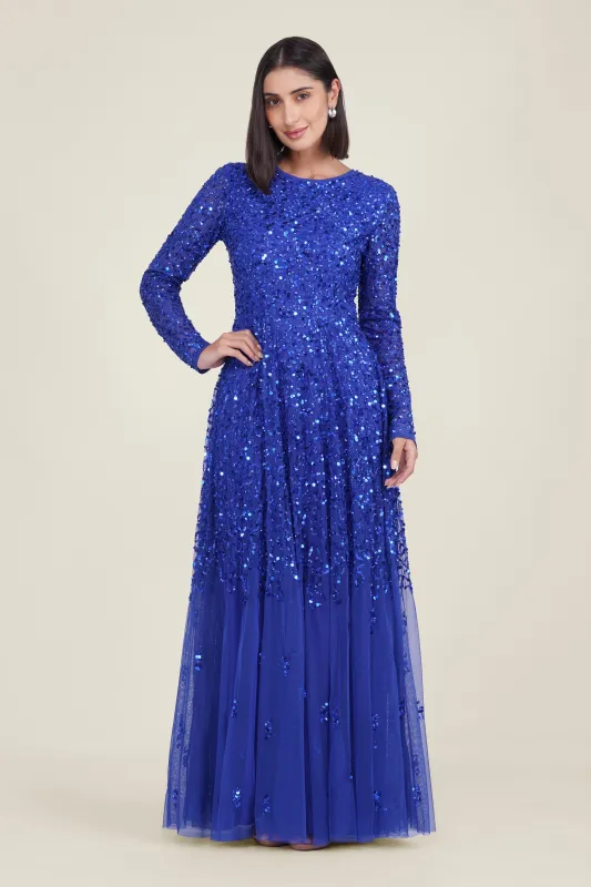 Sila Long Sleeve Embellished Maxi Dress in Royal Blue made by Lace & Beads