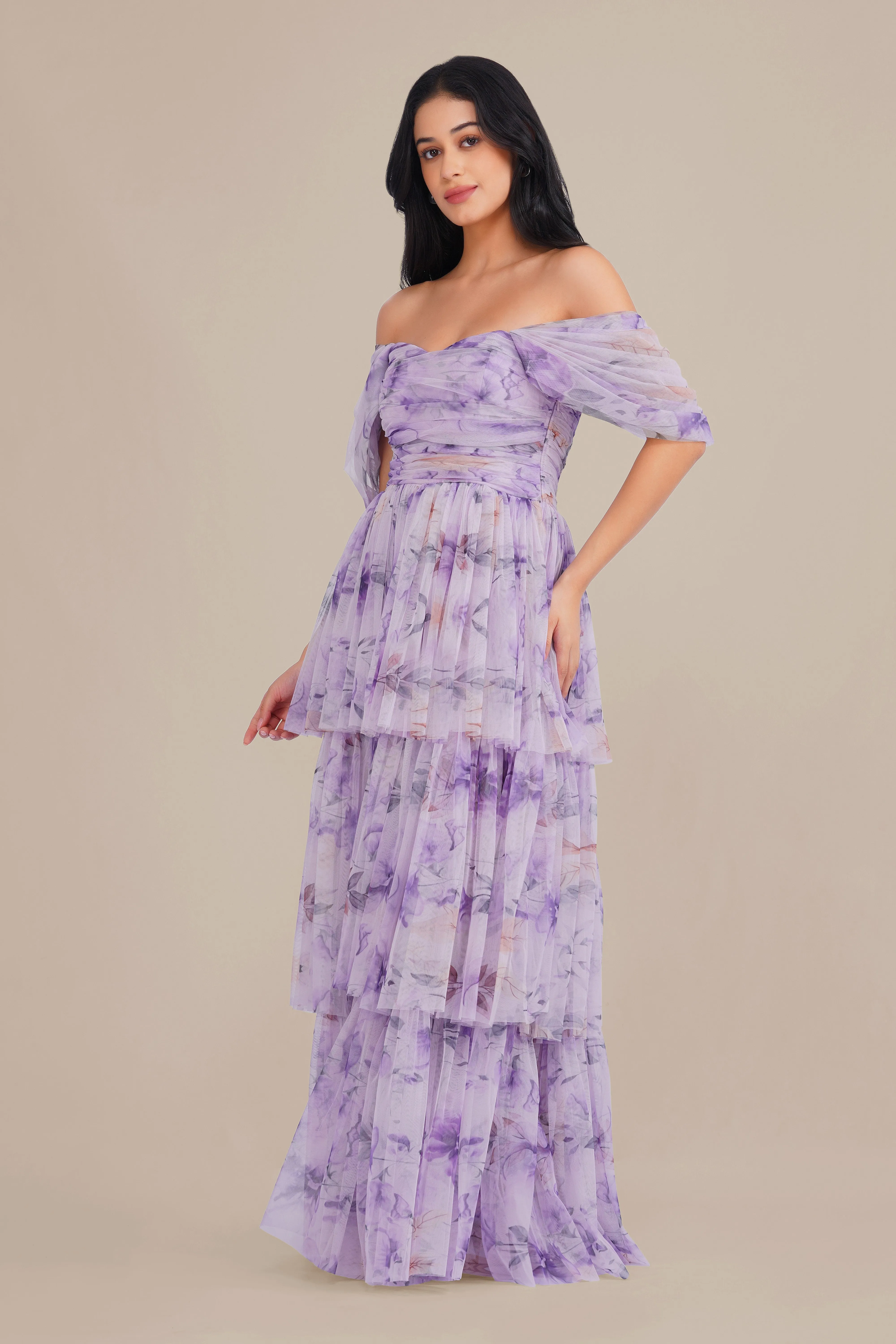 Sydney Soft Tulle Maxi Dress in Lilac Floral sold by Lace & Beads product image thumbnail 4