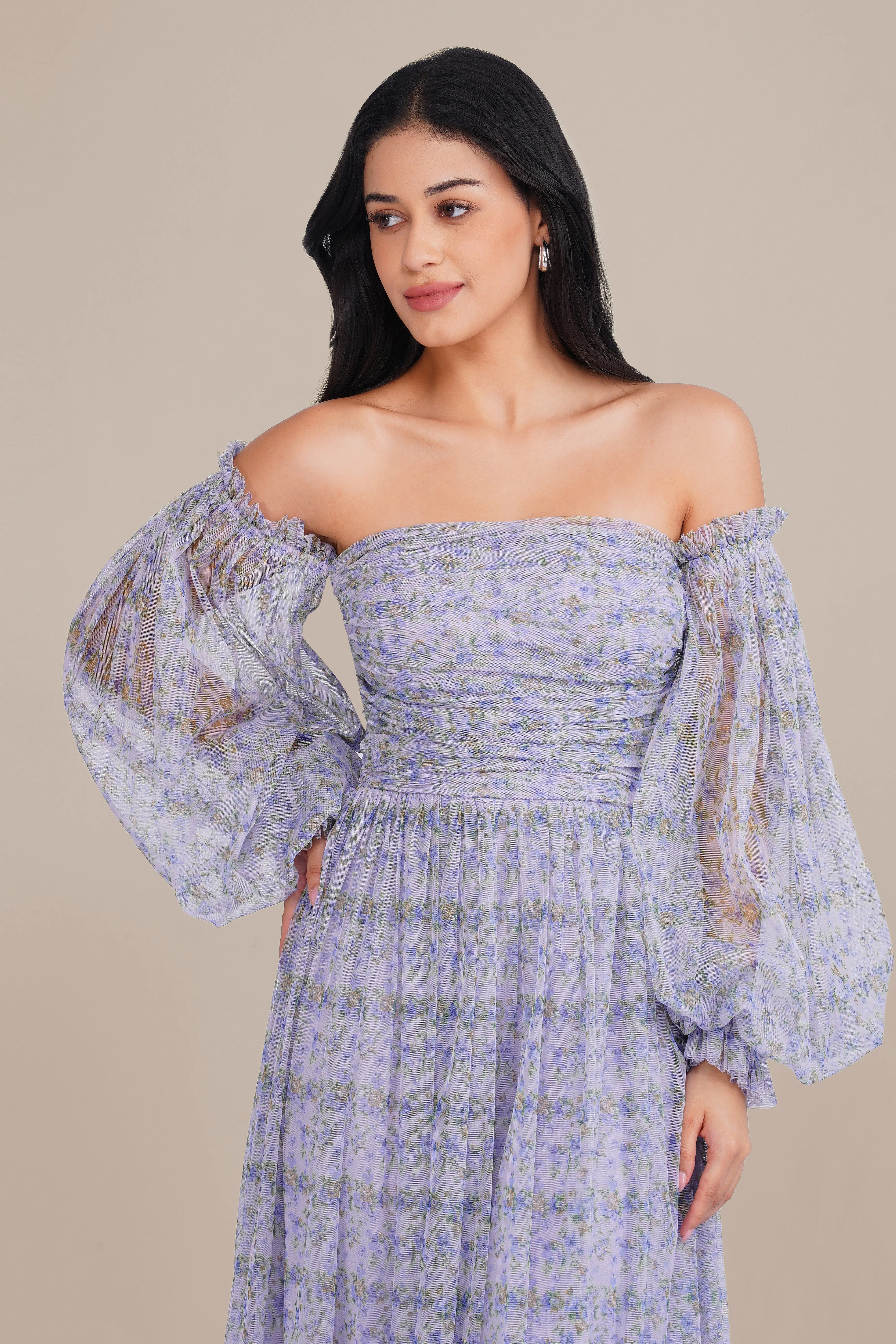 Lana Tulle Maxi Dress in Ditsy Lilac Print sold by Lace & Beads product image thumbnail 5